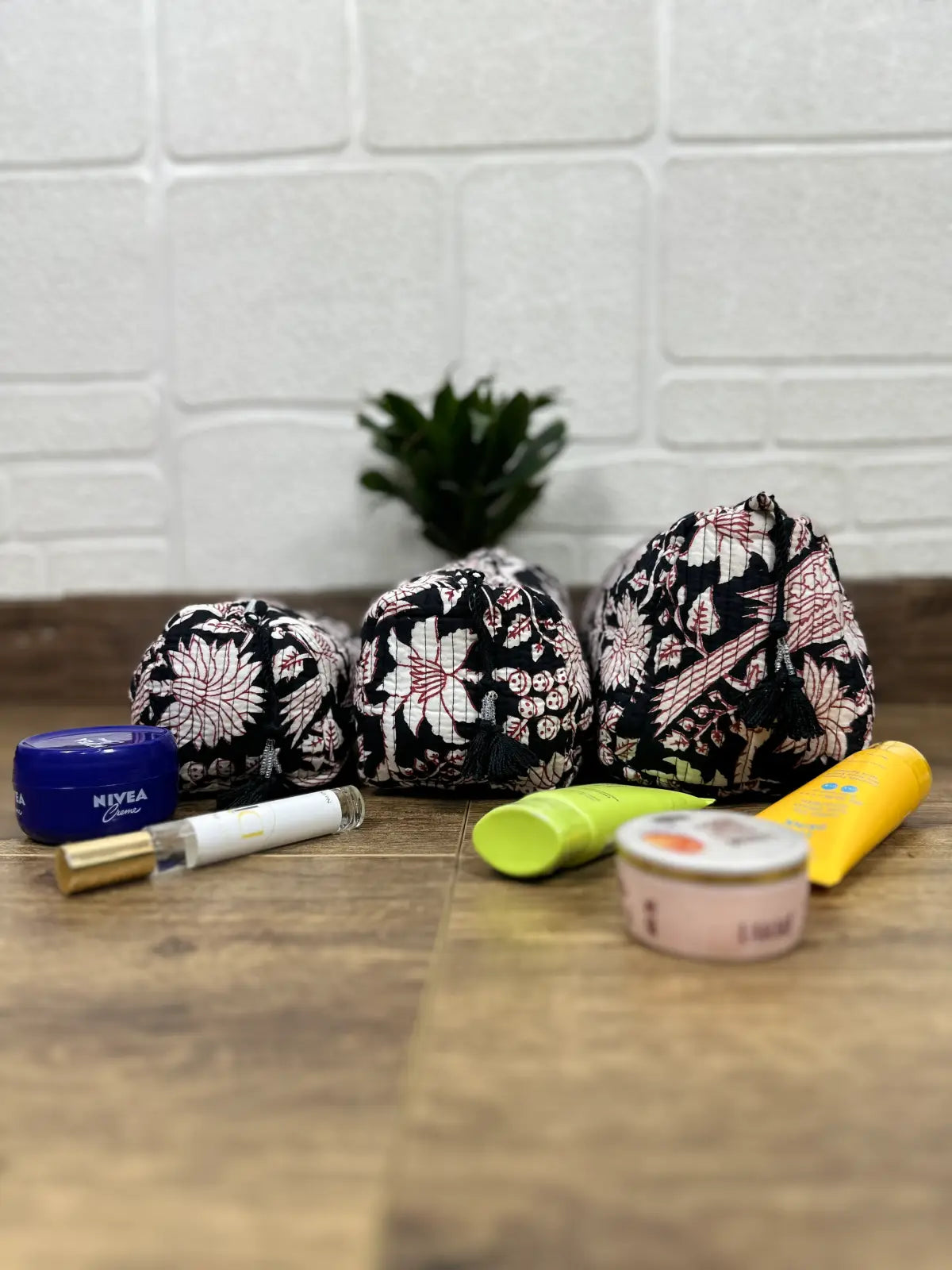 Block Print Toiletry & Makeup Bag | Quilted Wash Bag | Set of 3