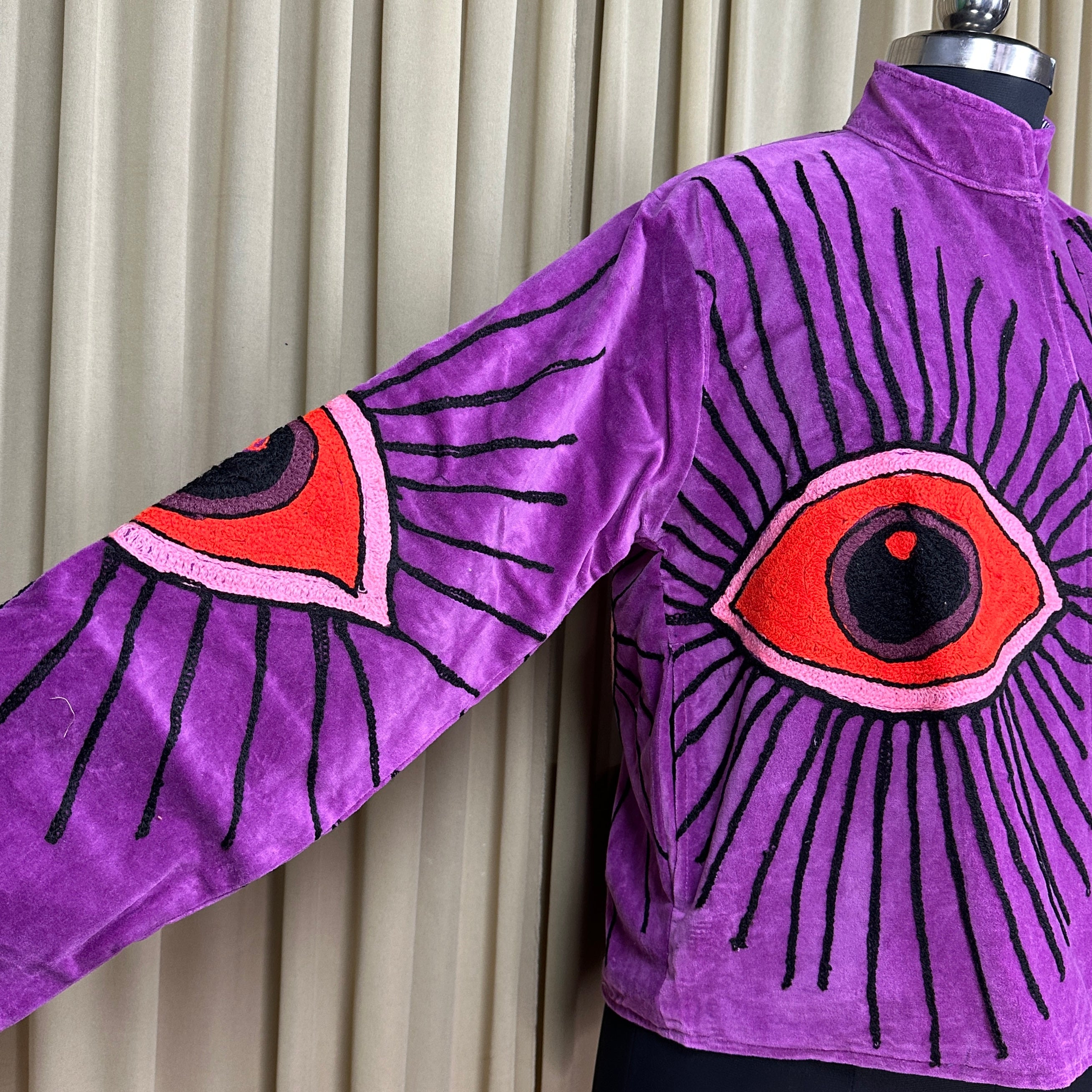 Boho Hand Embroidered Velvet Suzani Jacket | Purpel Geometric Open Front Coat Winter Wear Free Size Retro Chic Free Size Robe Blazer for Her