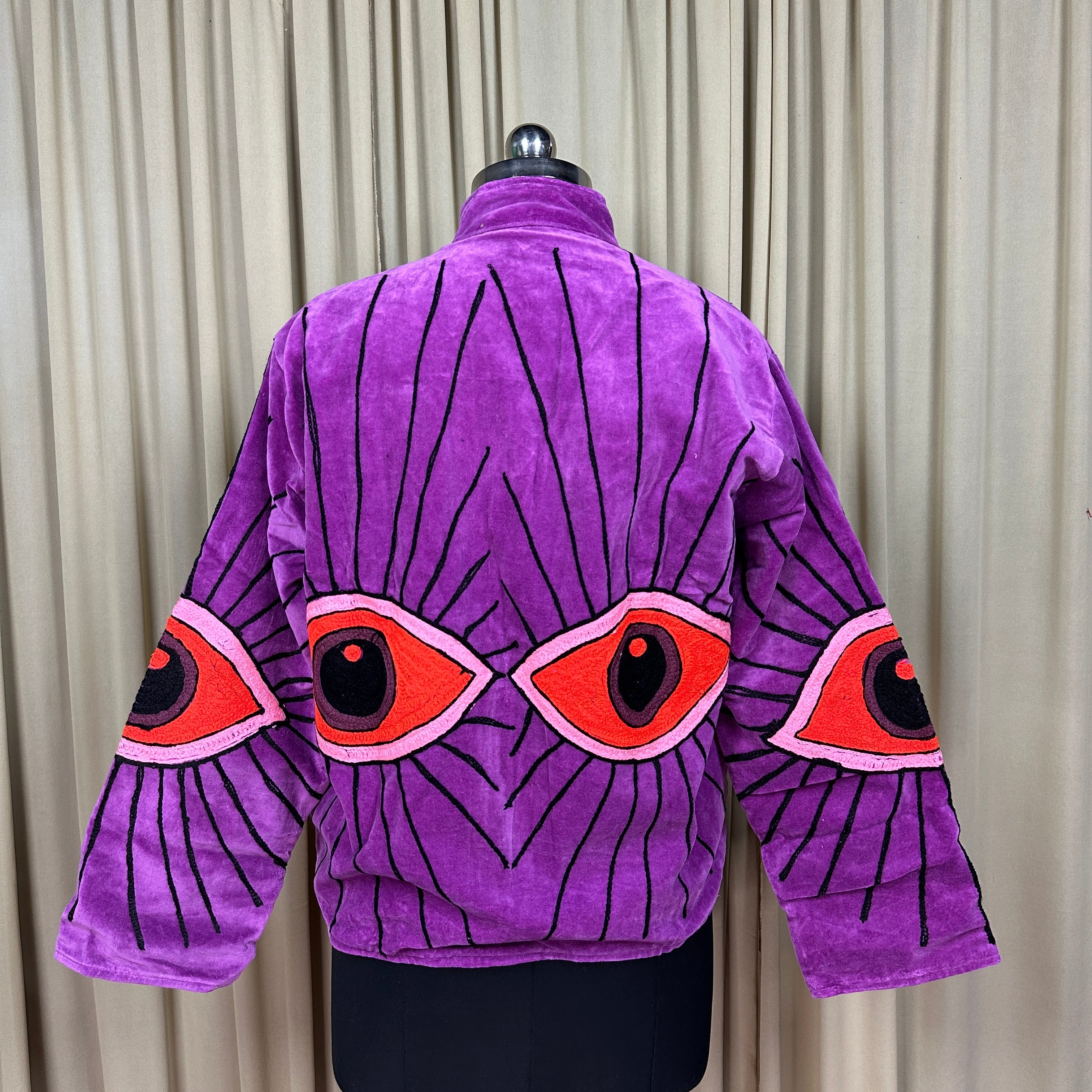Boho Hand Embroidered Velvet Suzani Jacket | Purpel Geometric Open Front Coat Winter Wear Free Size Retro Chic Free Size Robe Blazer for Her