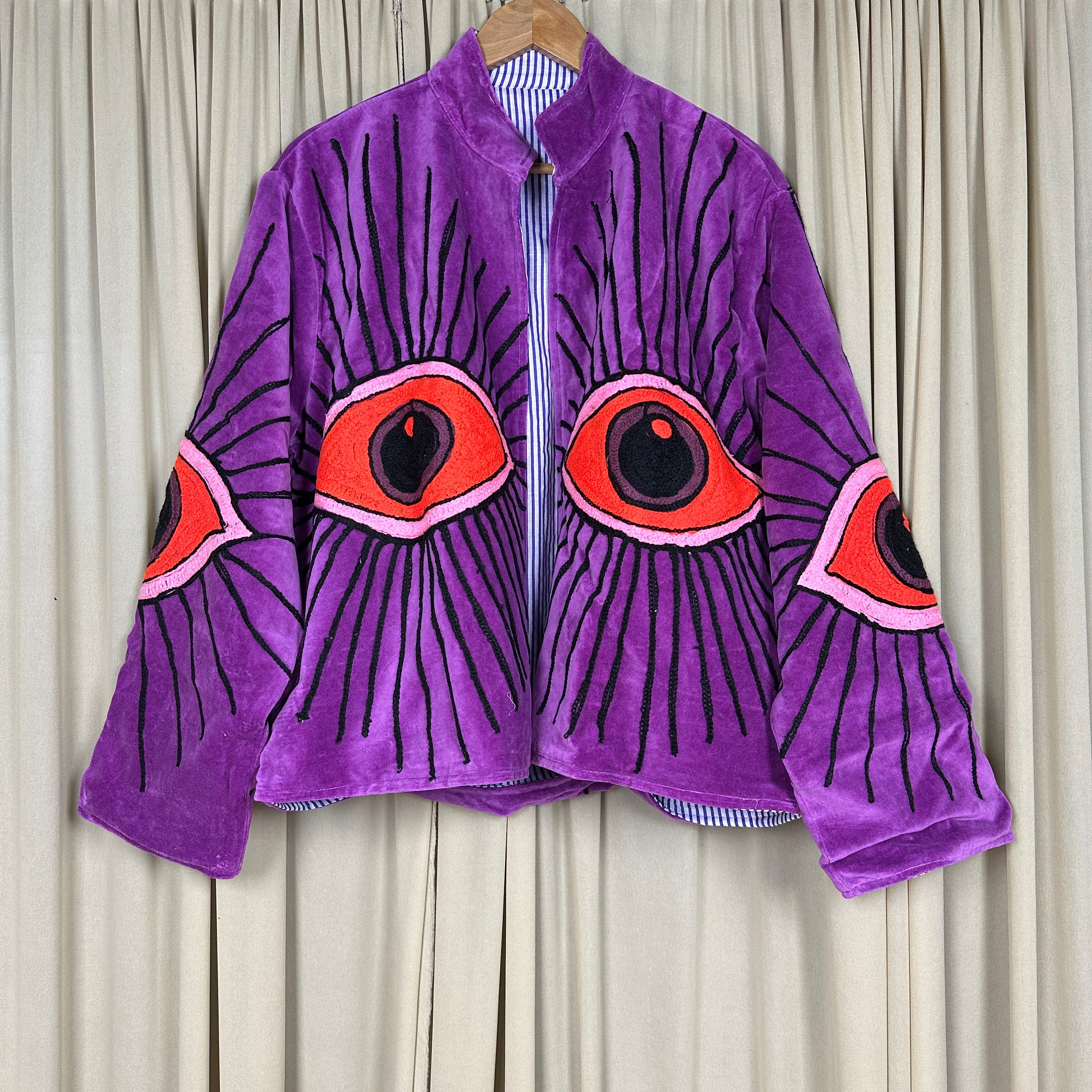 Boho Hand Embroidered Velvet Suzani Jacket | Purpel Geometric Open Front Coat Winter Wear Free Size Retro Chic Free Size Robe Blazer for Her