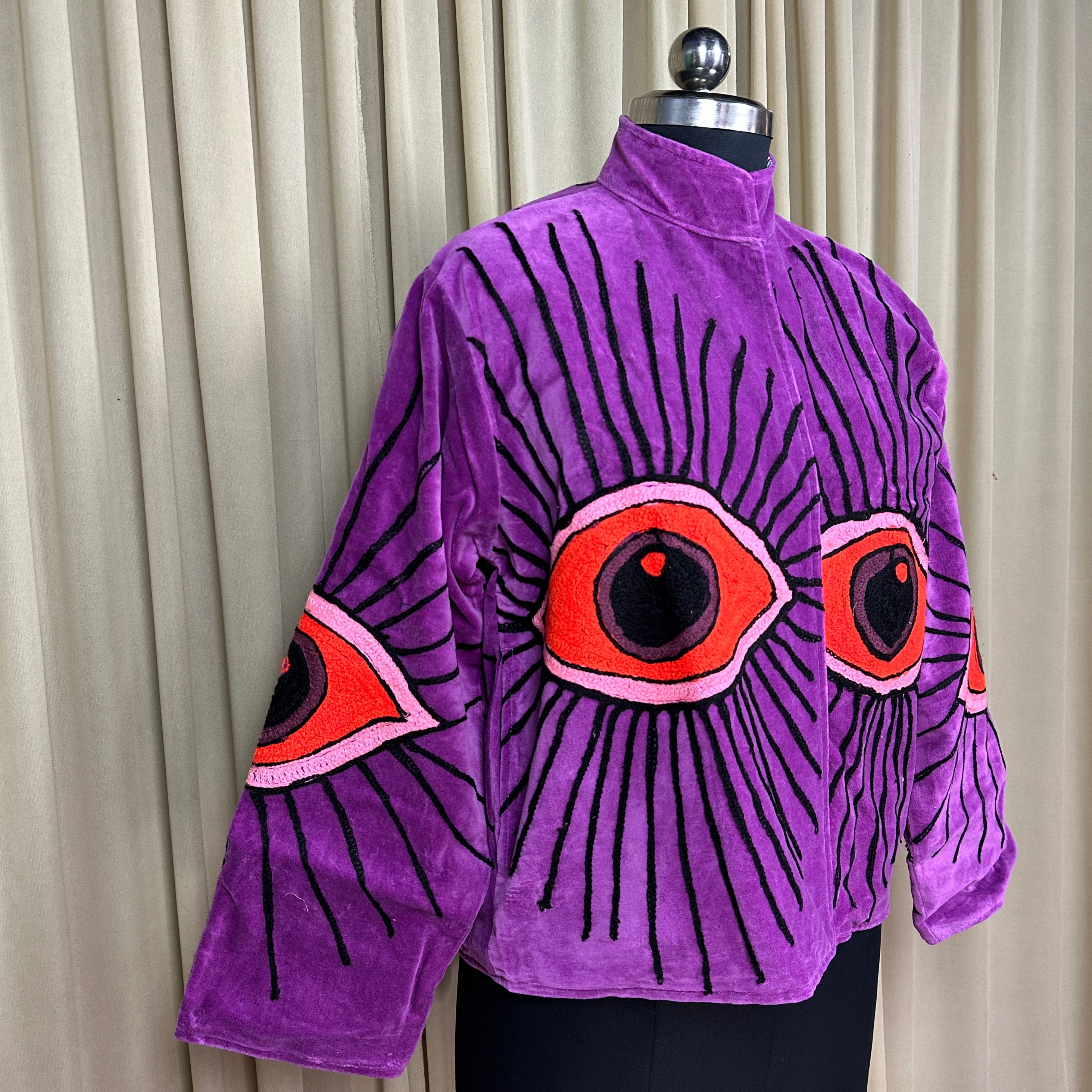 Boho Hand Embroidered Velvet Suzani Jacket | Purpel Geometric Open Front Coat Winter Wear Free Size Retro Chic Free Size Robe Blazer for Her
