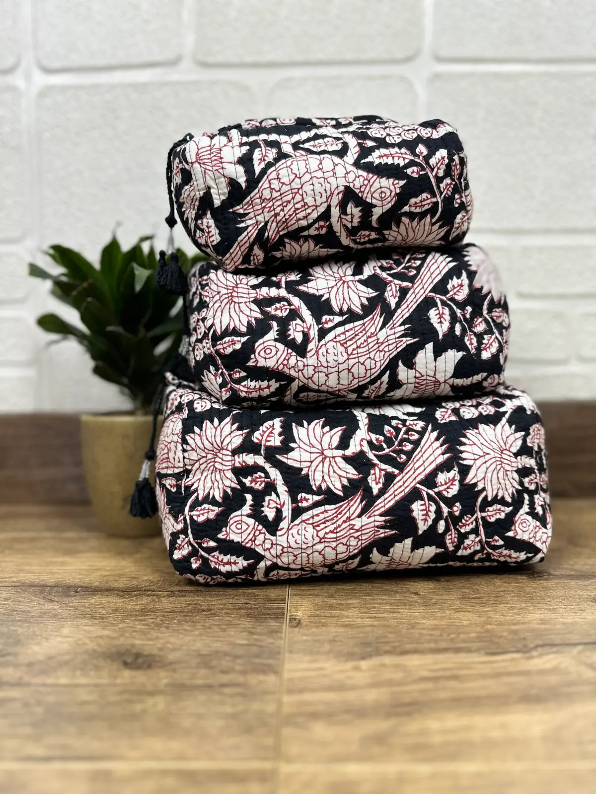 Block Print Toiletry & Makeup Bag | Quilted Wash Bag | Set of 3