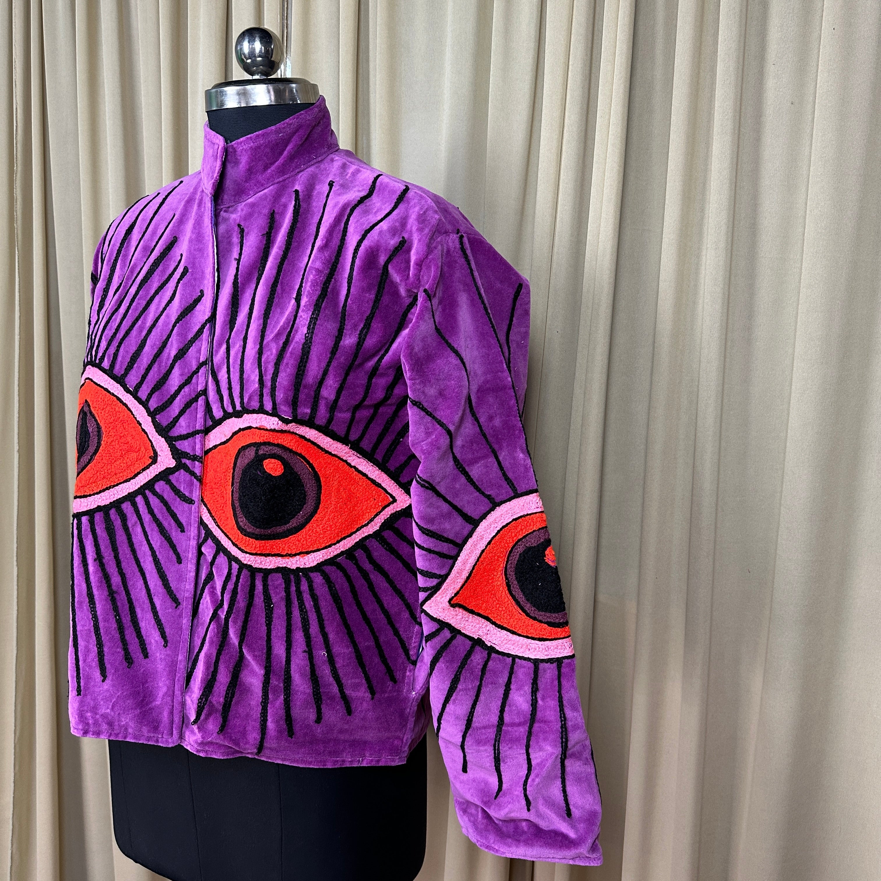 Boho Hand Embroidered Velvet Suzani Jacket | Purpel Geometric Open Front Coat Winter Wear Free Size Retro Chic Free Size Robe Blazer for Her