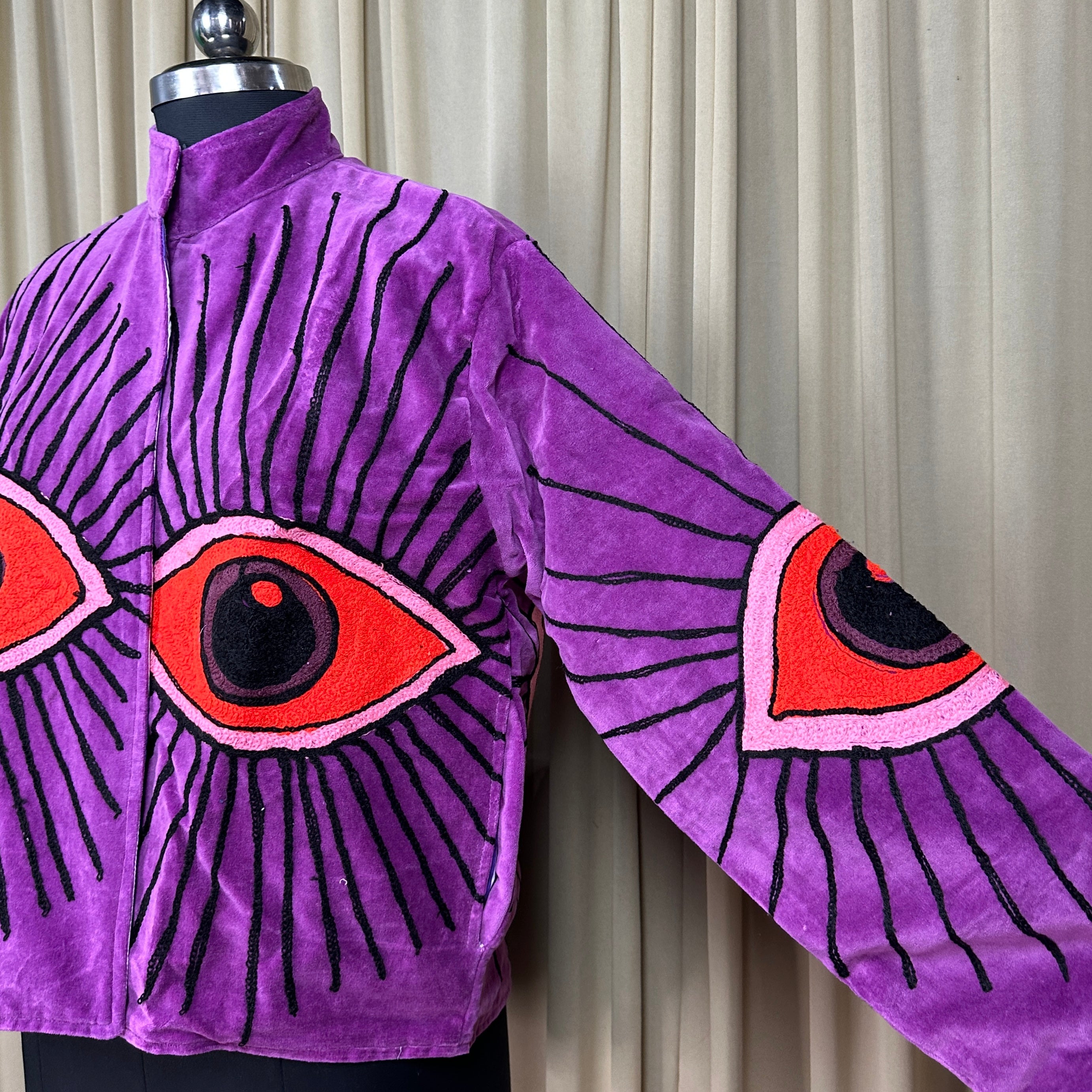 Boho Hand Embroidered Velvet Suzani Jacket | Purpel Geometric Open Front Coat Winter Wear Free Size Retro Chic Free Size Robe Blazer for Her