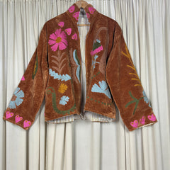 Boho Hand Embroidered Velvet Suzani Jacket, Brown Floral Open Front Coat Winter Wear Free Size Robe Retro Chic Free Size Robe Blazer for Her