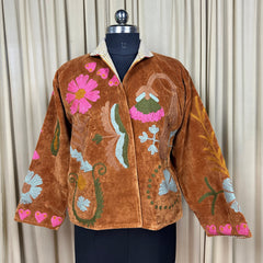 Boho Hand Embroidered Velvet Suzani Jacket, Brown Floral Open Front Coat Winter Wear Free Size Robe Retro Chic Free Size Robe Blazer for Her