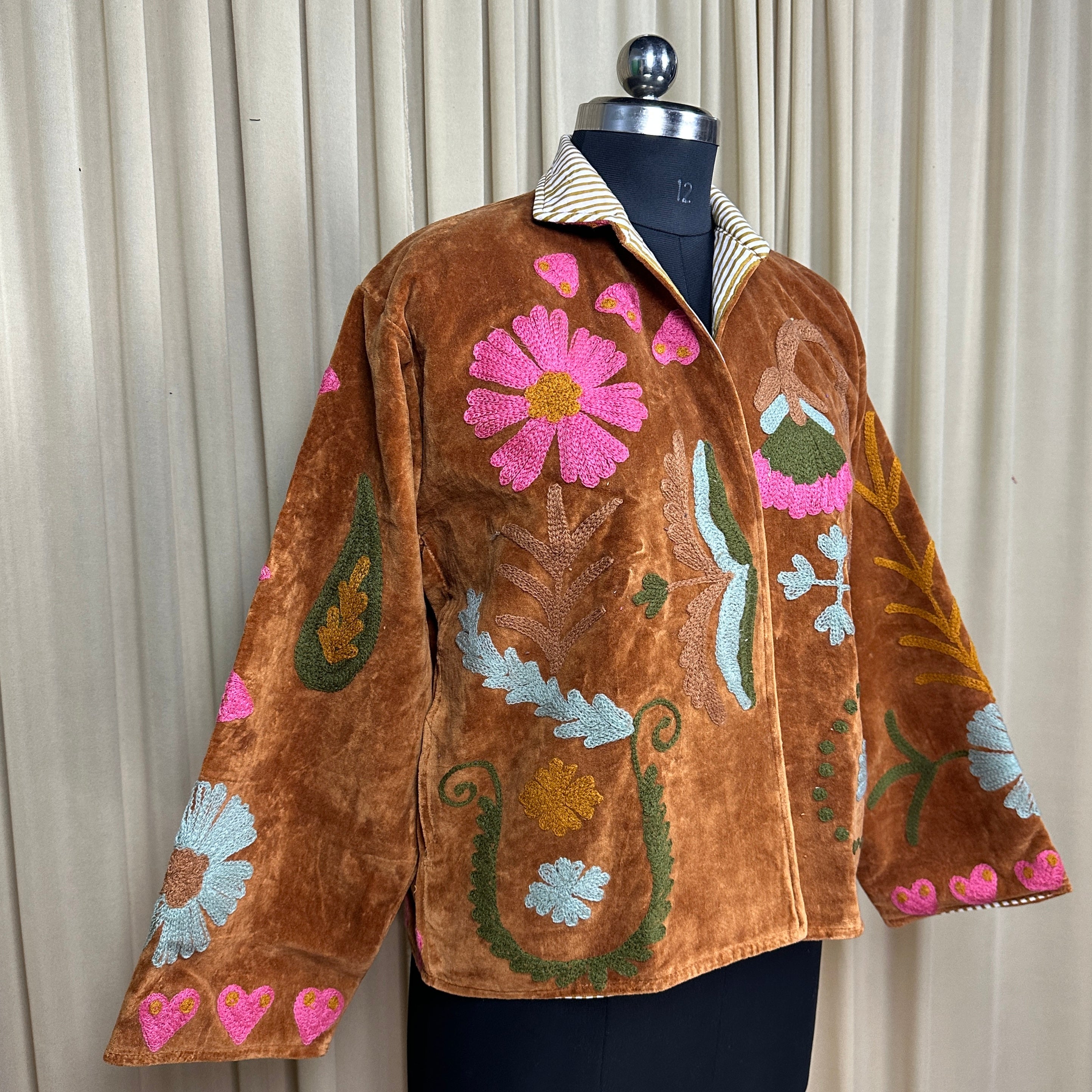 Boho Hand Embroidered Velvet Suzani Jacket, Brown Floral Open Front Coat Winter Wear Free Size Robe Retro Chic Free Size Robe Blazer for Her