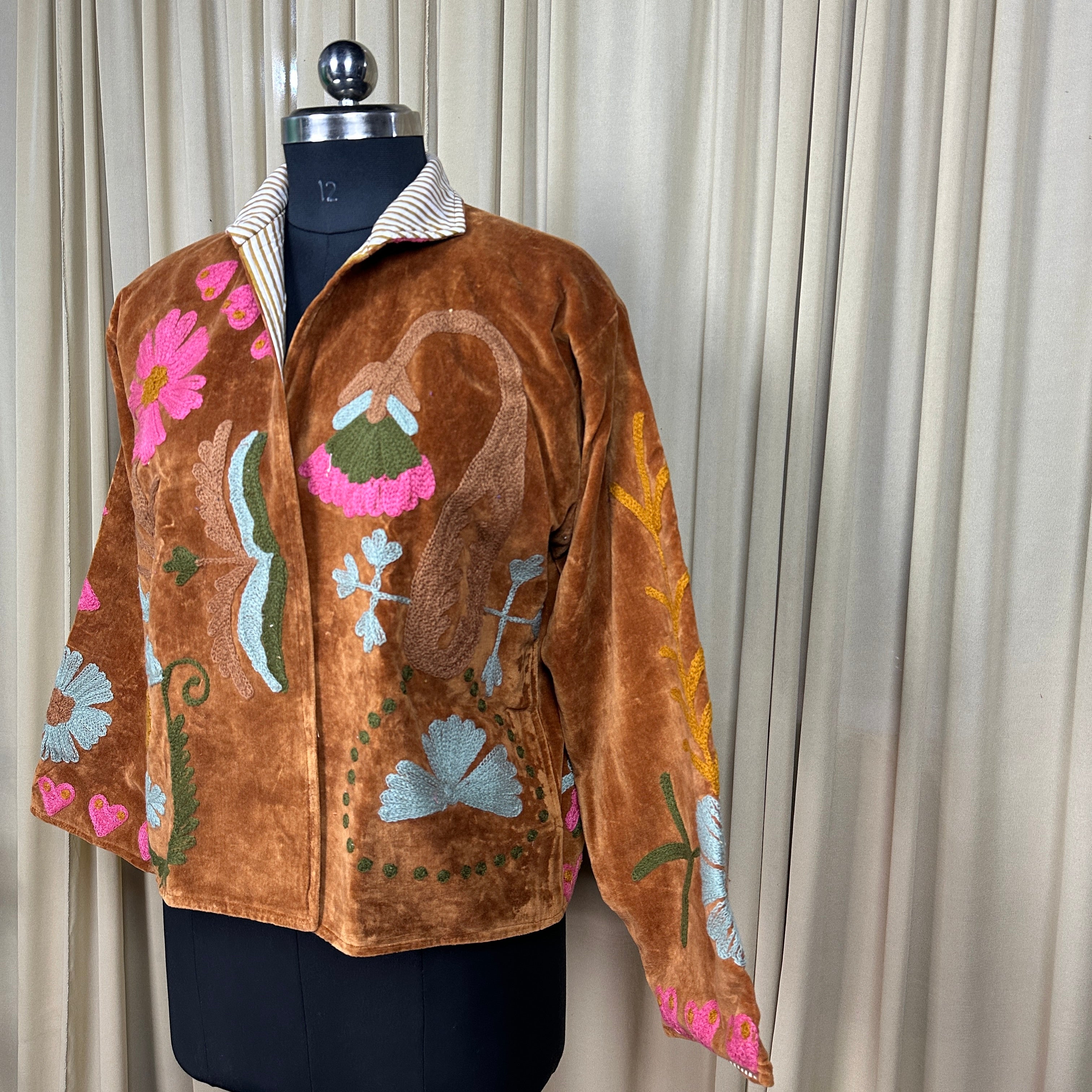 Boho Hand Embroidered Velvet Suzani Jacket, Brown Floral Open Front Coat Winter Wear Free Size Robe Retro Chic Free Size Robe Blazer for Her