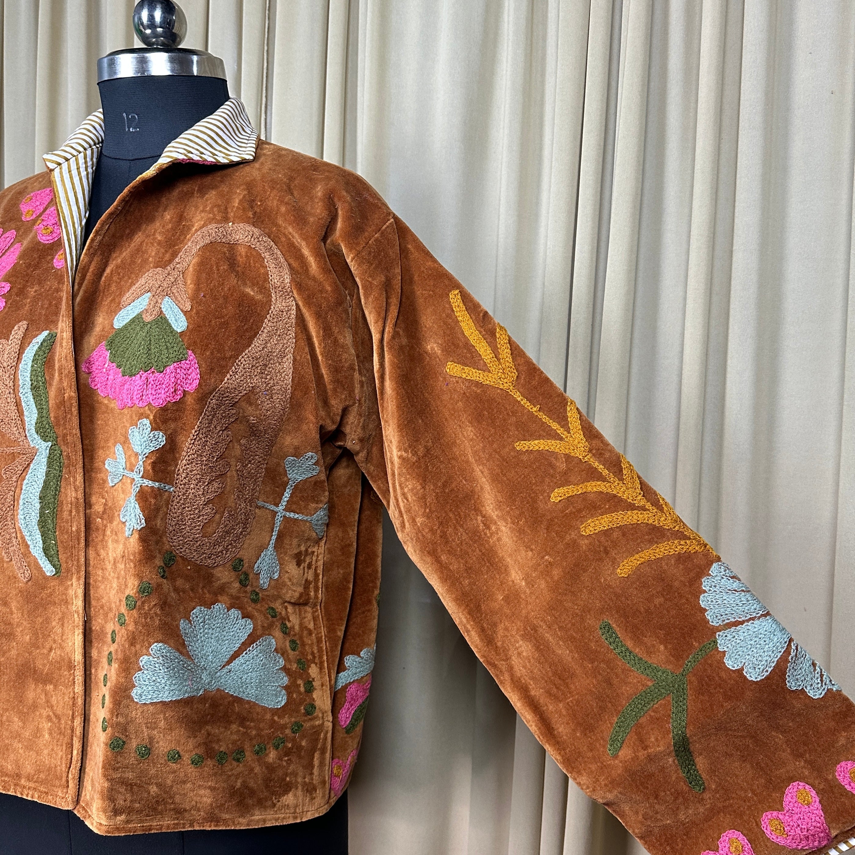 Boho Hand Embroidered Velvet Suzani Jacket, Brown Floral Open Front Coat Winter Wear Free Size Robe Retro Chic Free Size Robe Blazer for Her