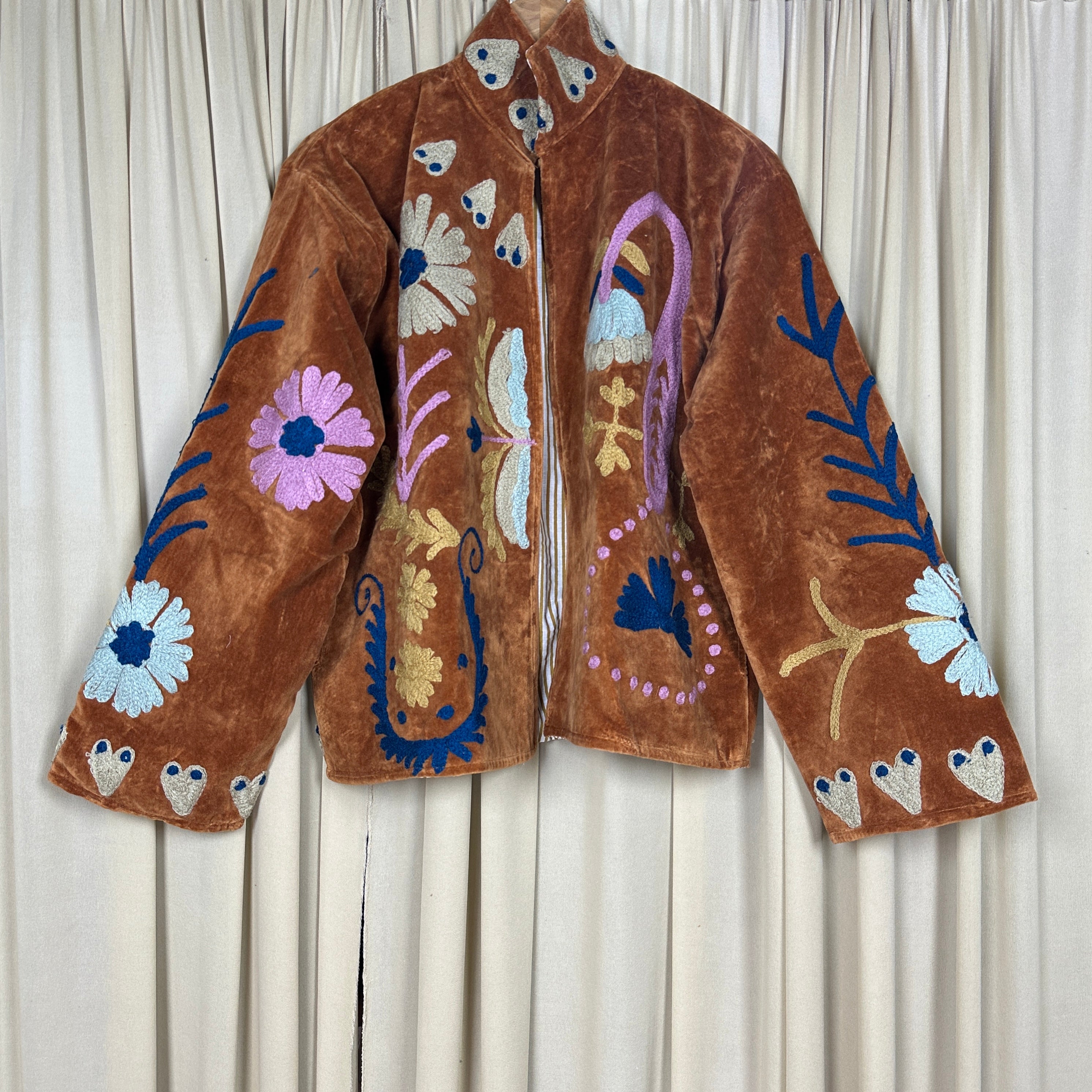 Boho Hand Embroidered Velvet Suzani Jacket, Brown Floral Open Front Coat Winter Wear Free Size Robe Retro Chic Free Size Robe Blazer for Her