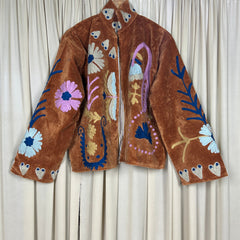 Boho Hand Embroidered Velvet Suzani Jacket, Brown Floral Open Front Coat Winter Wear Free Size Robe Retro Chic Free Size Robe Blazer for Her