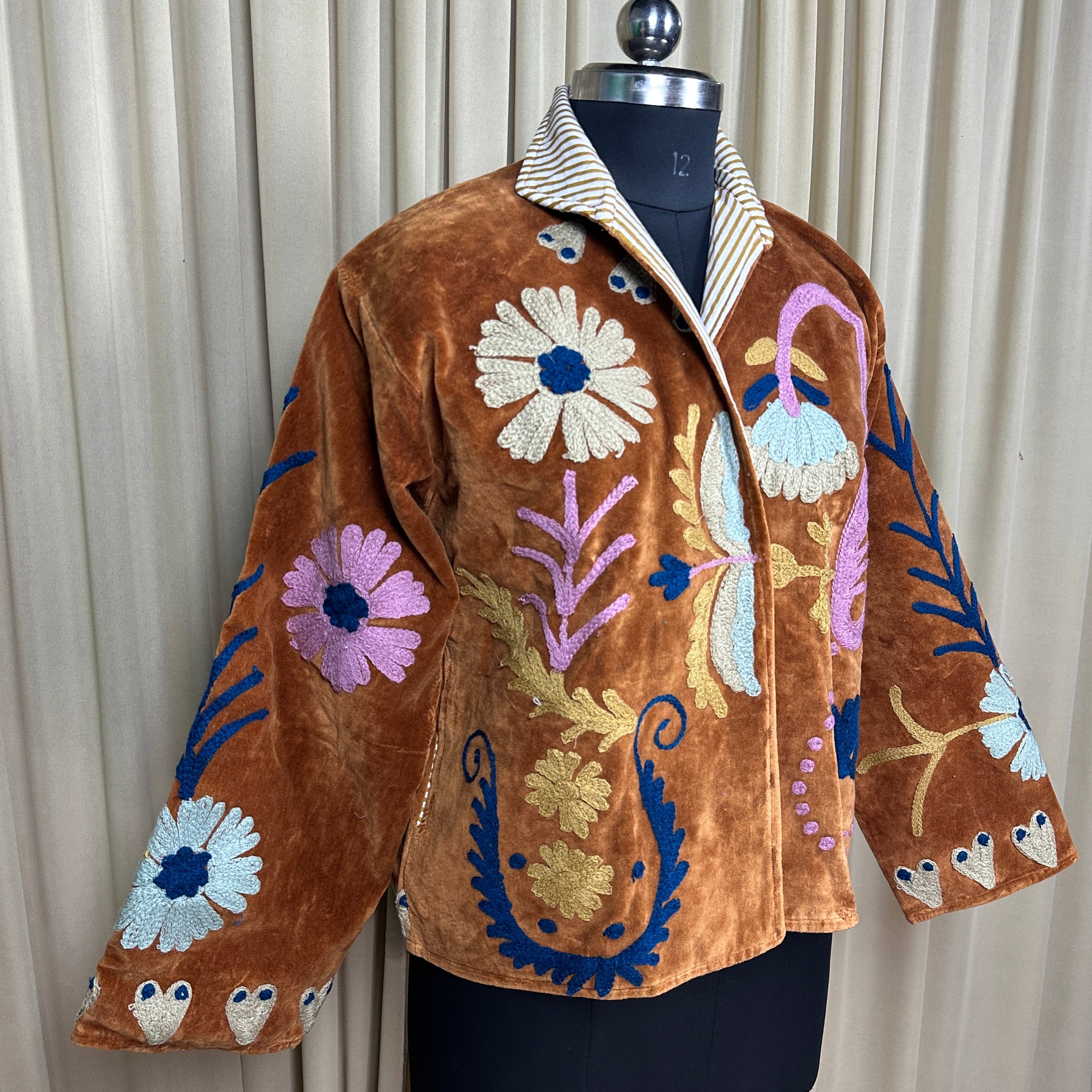 Boho Hand Embroidered Velvet Suzani Jacket, Brown Floral Open Front Coat Winter Wear Free Size Robe Retro Chic Free Size Robe Blazer for Her