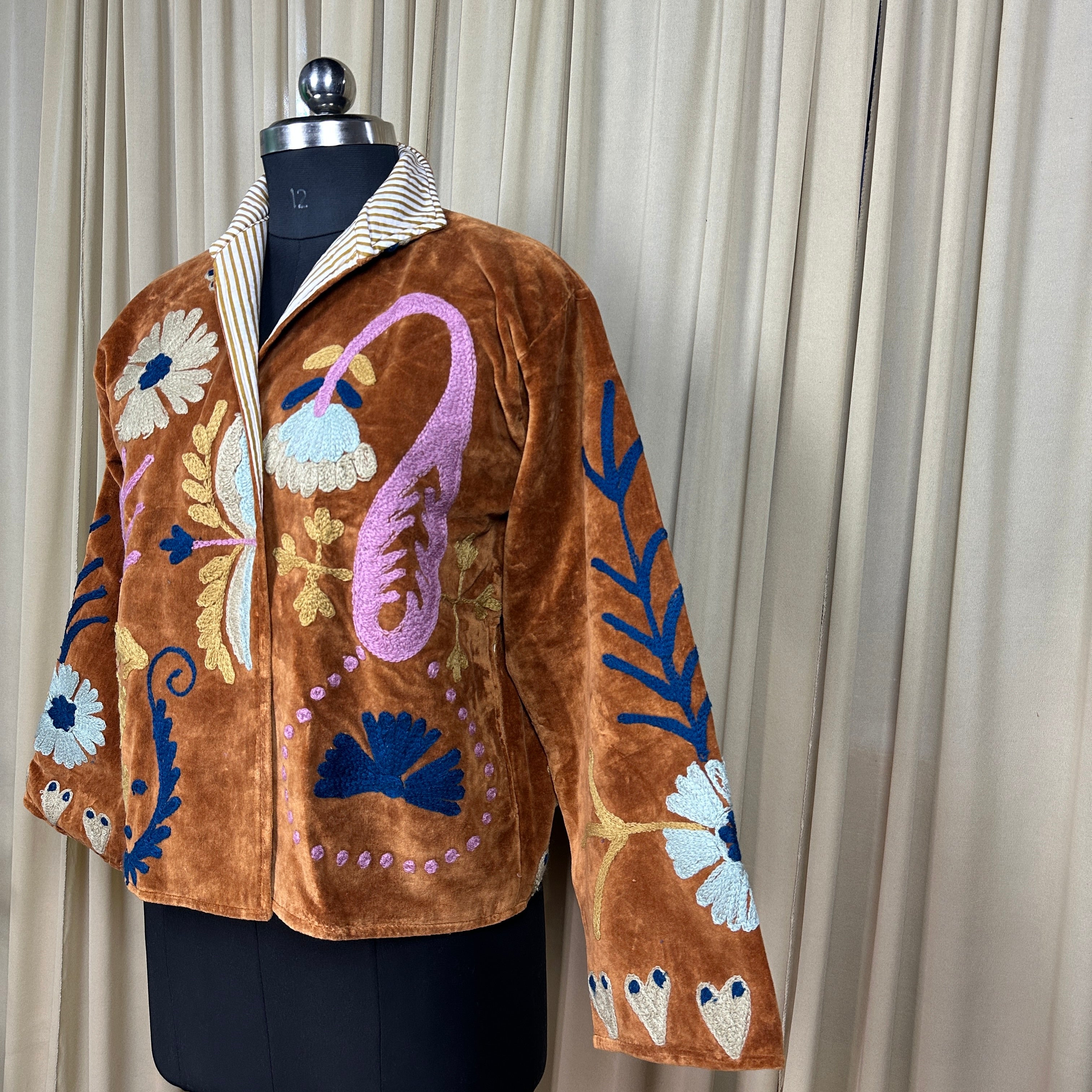 Boho Hand Embroidered Velvet Suzani Jacket, Brown Floral Open Front Coat Winter Wear Free Size Robe Retro Chic Free Size Robe Blazer for Her