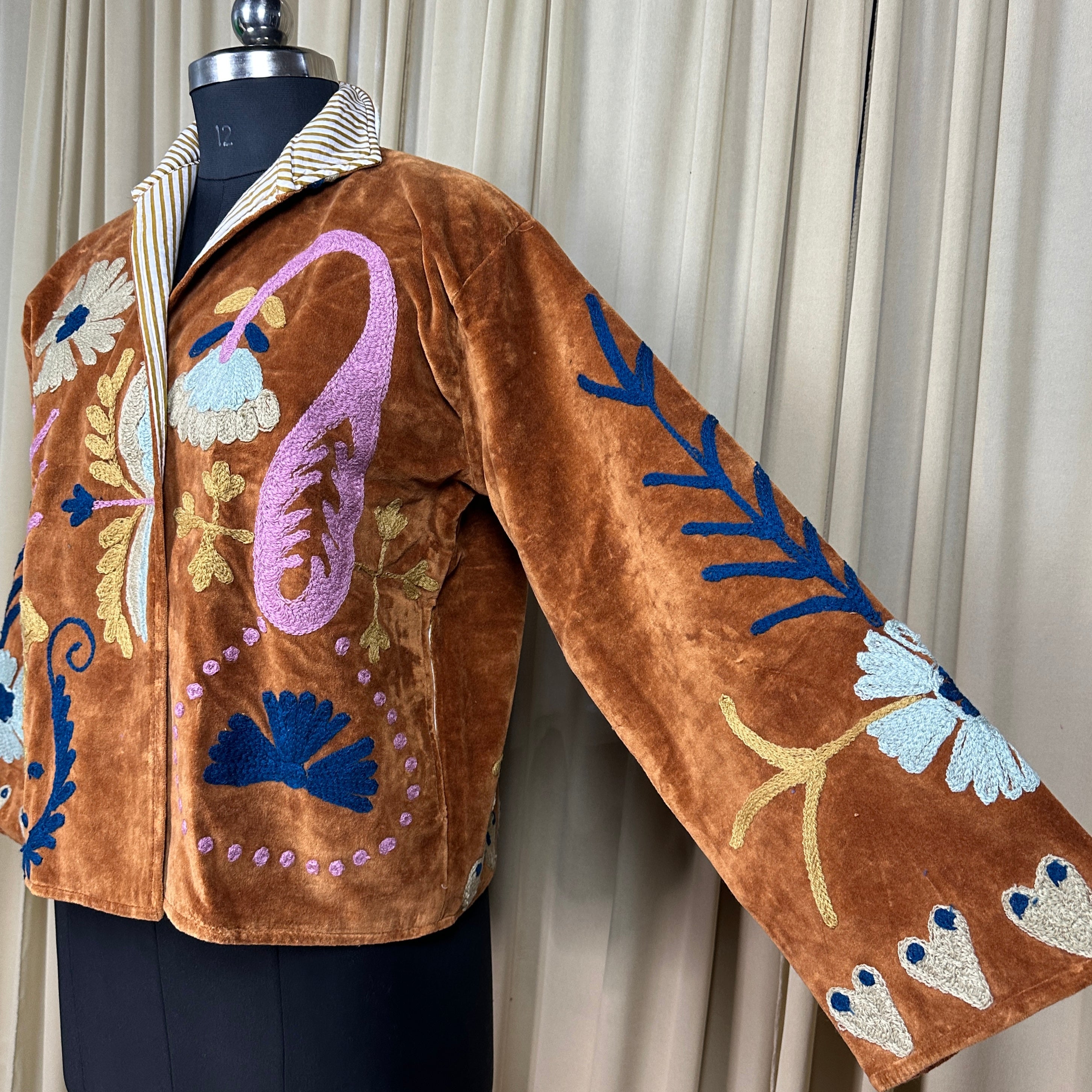 Boho Hand Embroidered Velvet Suzani Jacket, Brown Floral Open Front Coat Winter Wear Free Size Robe Retro Chic Free Size Robe Blazer for Her
