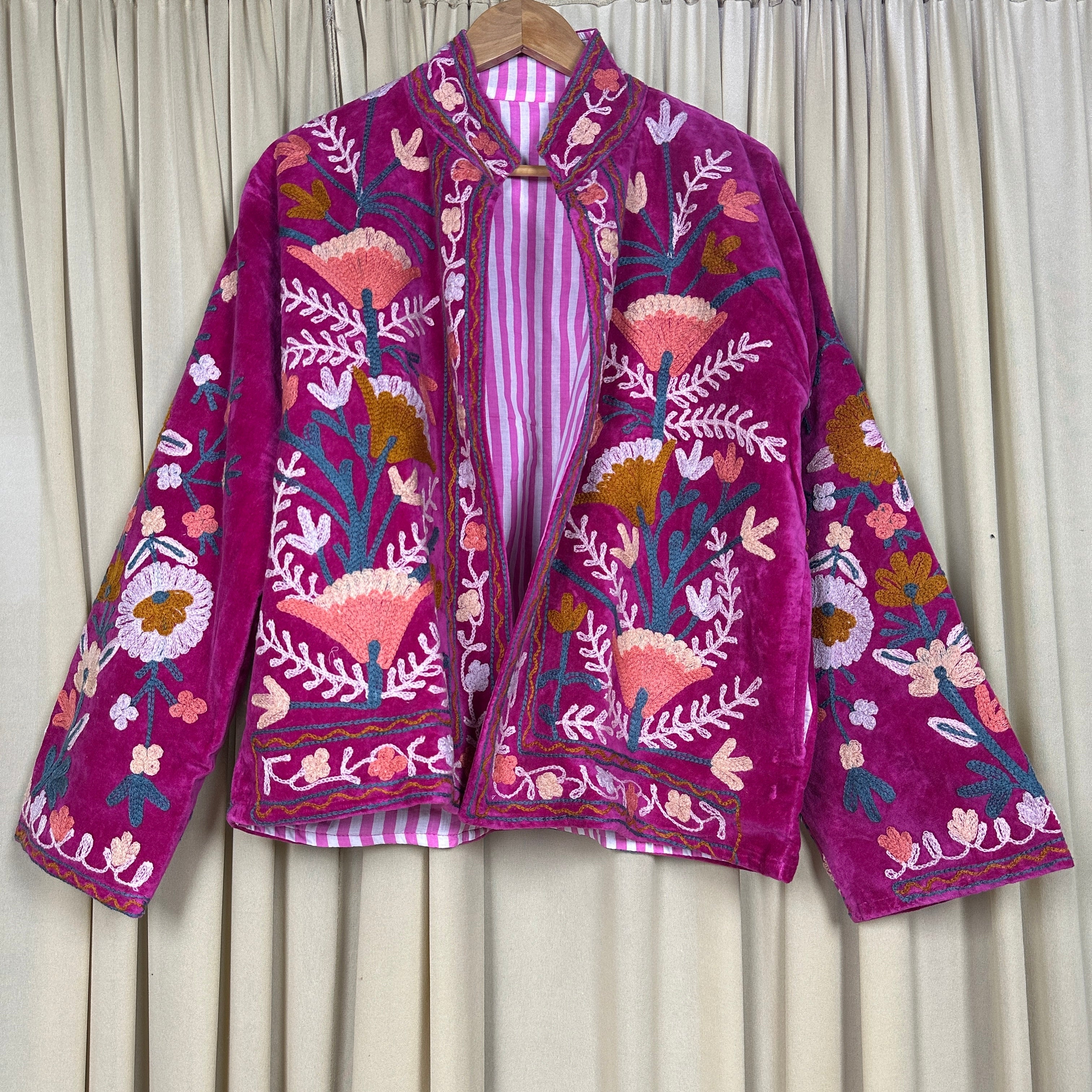 Boho Hand Embroidered Velvet Suzani Jacket, Pink Floral Open Front Coat Winter Wear Free Size Robe Retro Chic Free Size Robe Blazer for Her