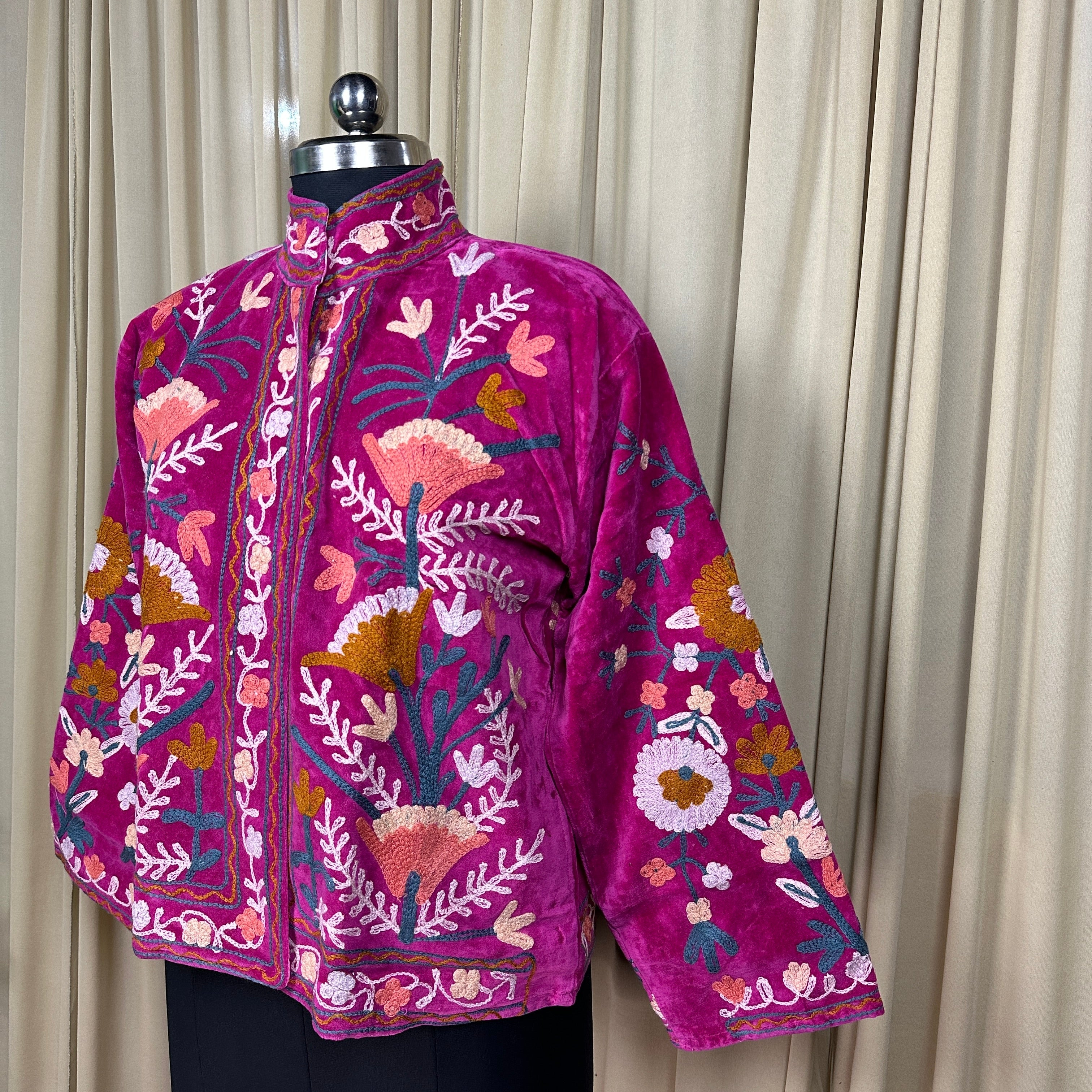 Boho Hand Embroidered Velvet Suzani Jacket, Pink Floral Open Front Coat Winter Wear Free Size Robe Retro Chic Free Size Robe Blazer for Her