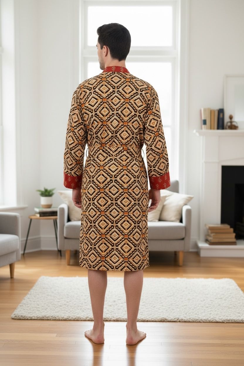 Pure Cotton Handblock Men Kimono | Indian Printed Man House Robe, Boho Beach Coverup Dressing Gown, Lightweight Loungewear, Gift For Him Dad