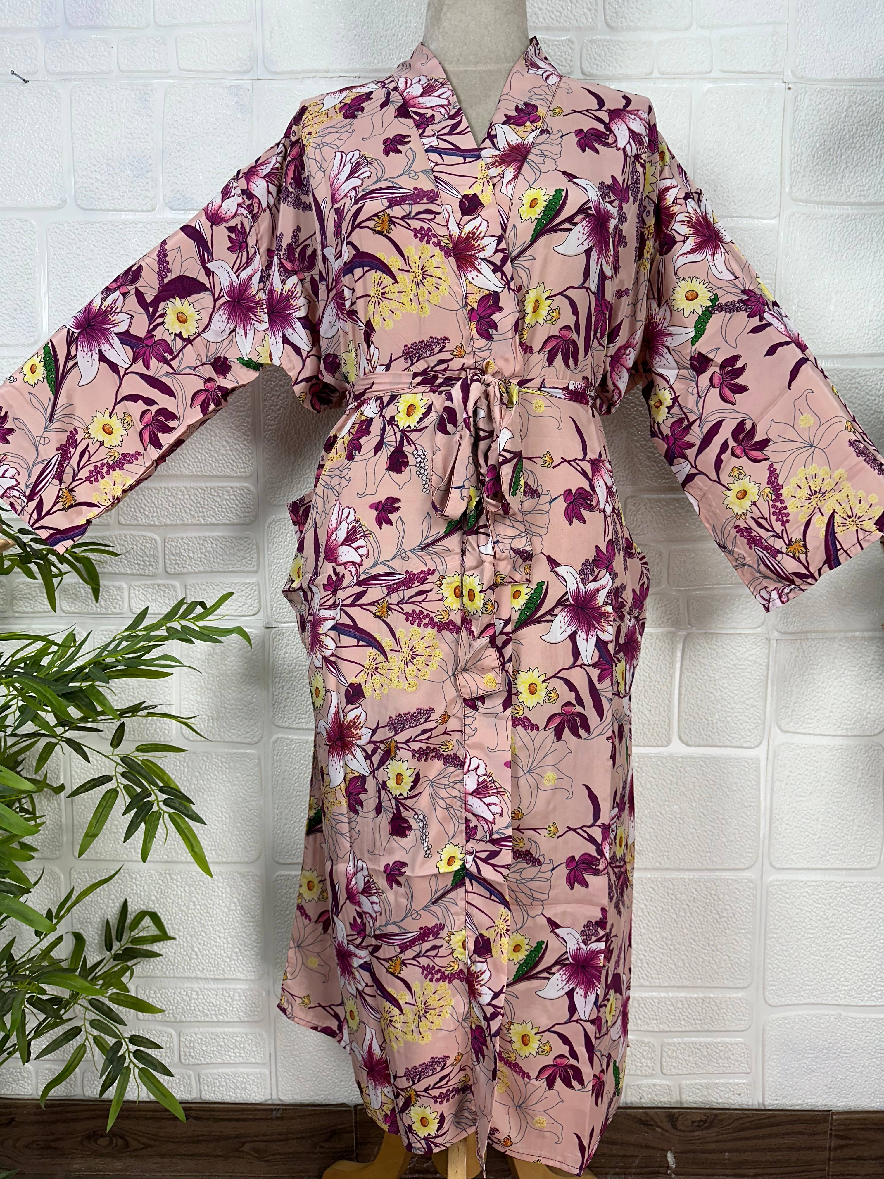 Floral Silk Blend Kimono Robe: Handmade Sari Fabric, Plus Size
