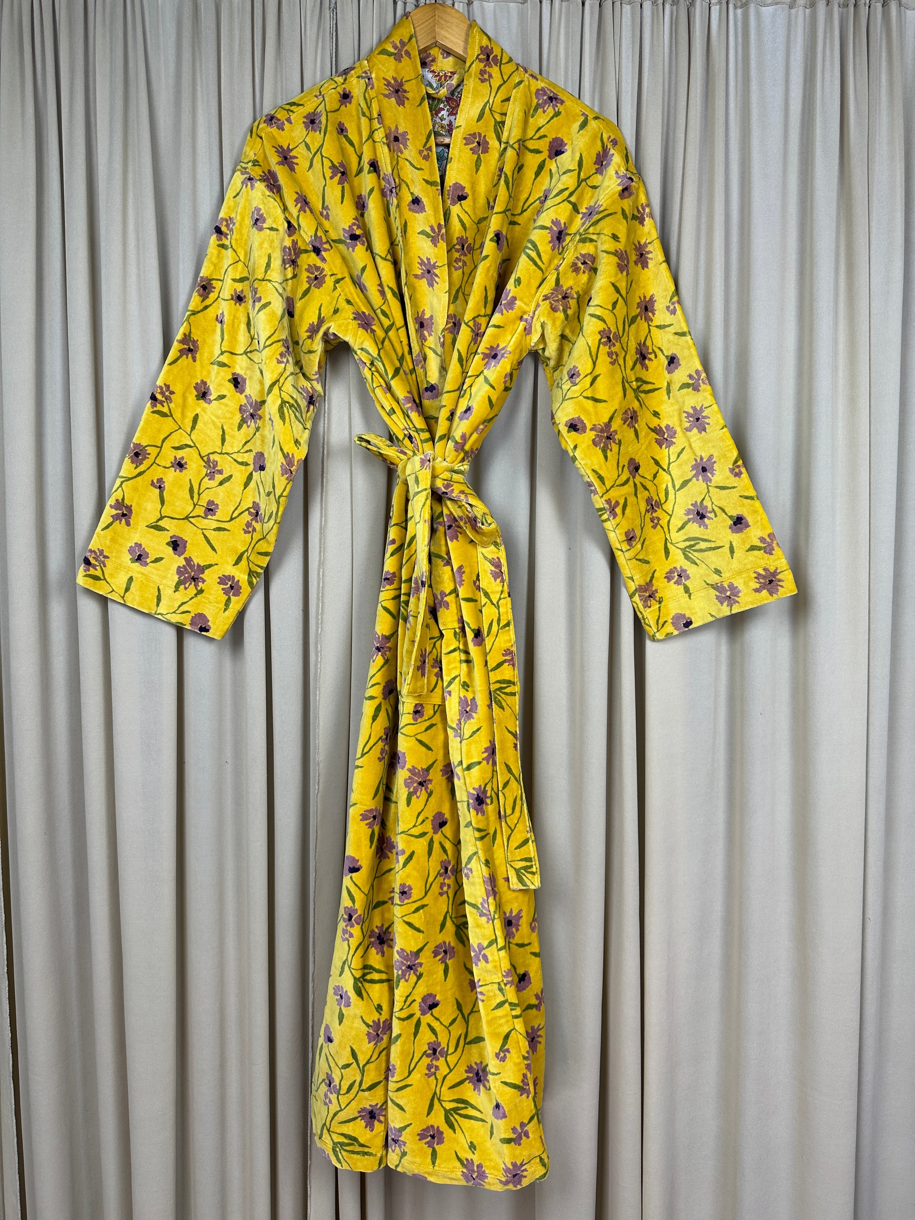 Luxury Velvet Kimono Unisex House Robe | Boho Jacket Autumn Winter Christmas Gift Elegant Reversible Cotton Lined | Quirky Gown Yellow Floral