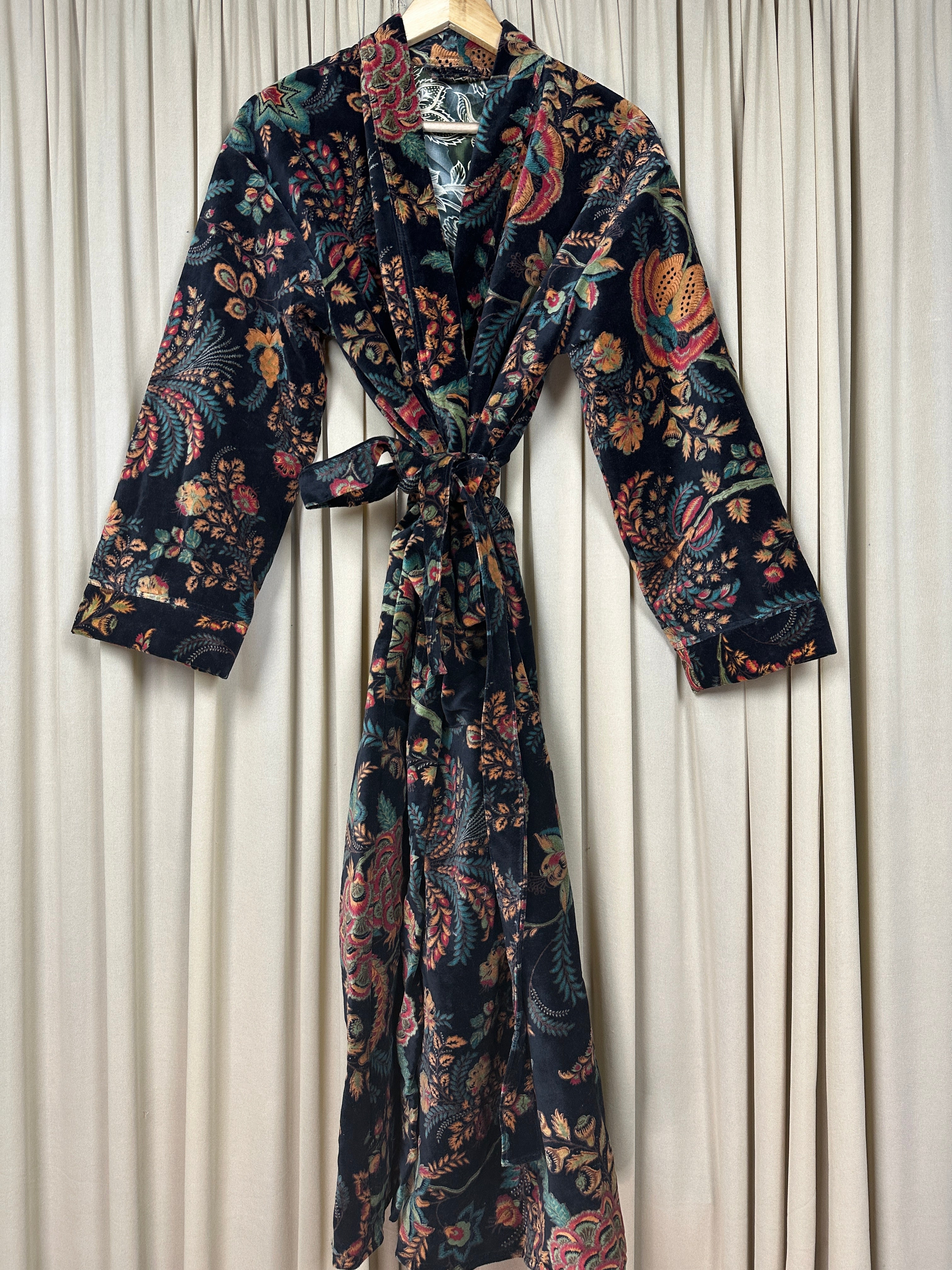 Luxury Velvet Kimono Unisex House Robe | Boho Jacket Autumn Winter Christmas Gift Elegant Reversible Silk Lined | Quirky Gown Black Floral