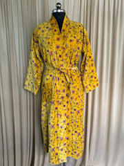Luxury Velvet Kimono Unisex House Robe | Boho Jacket Autumn Winter Christmas Gift Elegant Reversible Cotton Lined | Quirky Gown Yellow Floral