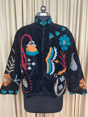 Boho Hand Embroidered Velvet Suzani Jacket, Black Floral Open Front Coat Winter Wear Free Size Robe Retro Chic Free Size Robe Blazer for Her