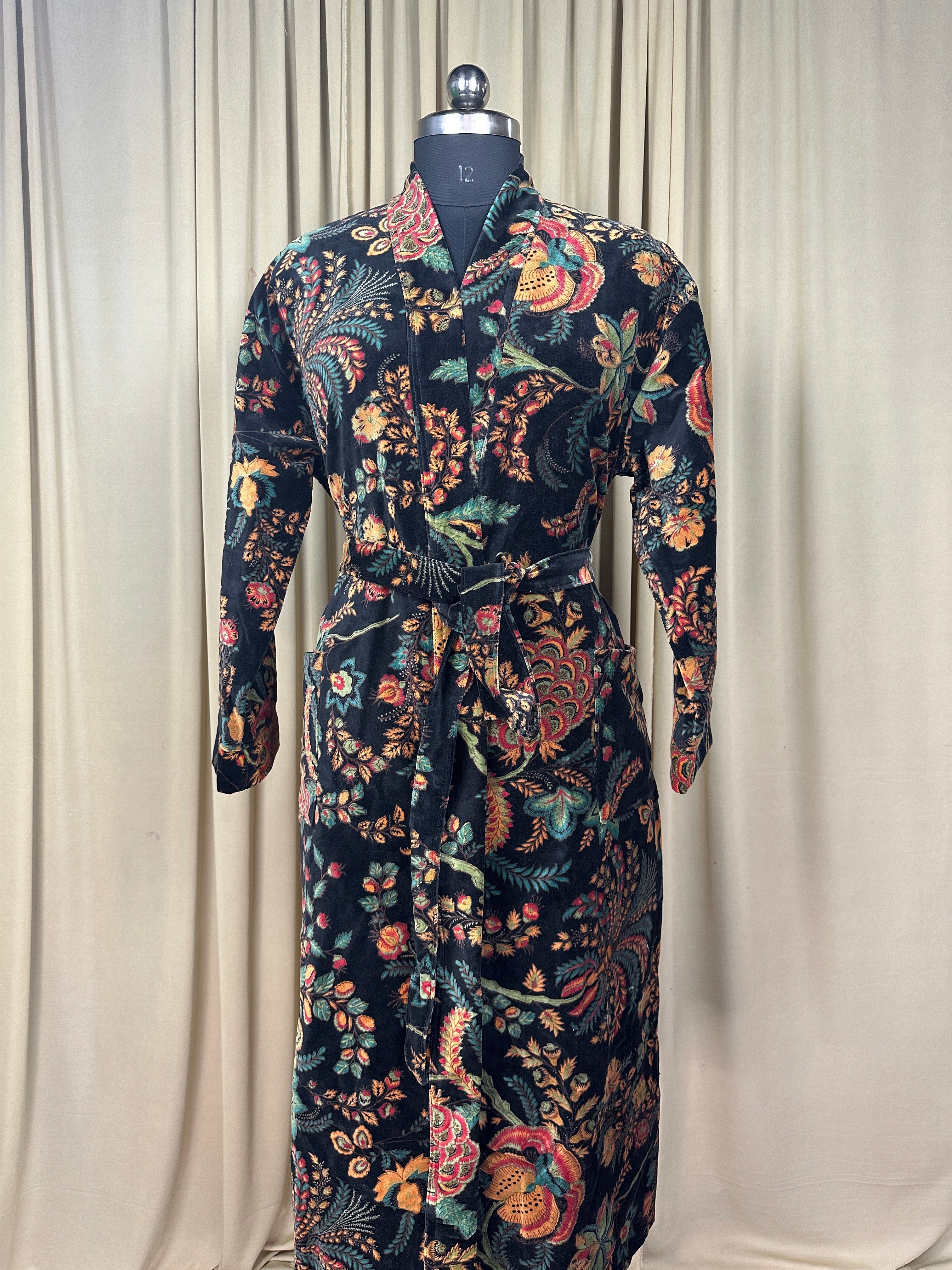 Luxury Velvet Kimono Unisex House Robe | Boho Jacket Autumn Winter Christmas Gift Elegant Reversible Silk Lined | Quirky Gown Black Floral