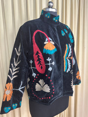 Boho Hand Embroidered Velvet Suzani Jacket, Black Floral Open Front Coat Winter Wear Free Size Robe Retro Chic Free Size Robe Blazer for Her