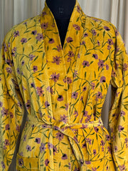 Luxury Velvet Kimono Unisex House Robe | Boho Jacket Autumn Winter Christmas Gift Elegant Reversible Cotton Lined | Quirky Gown Yellow Floral
