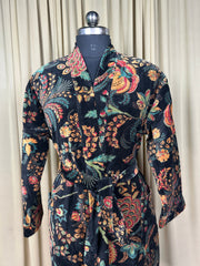 Luxury Velvet Kimono Unisex House Robe | Boho Jacket Autumn Winter Christmas Gift Elegant Reversible Silk Lined | Quirky Gown Black Floral