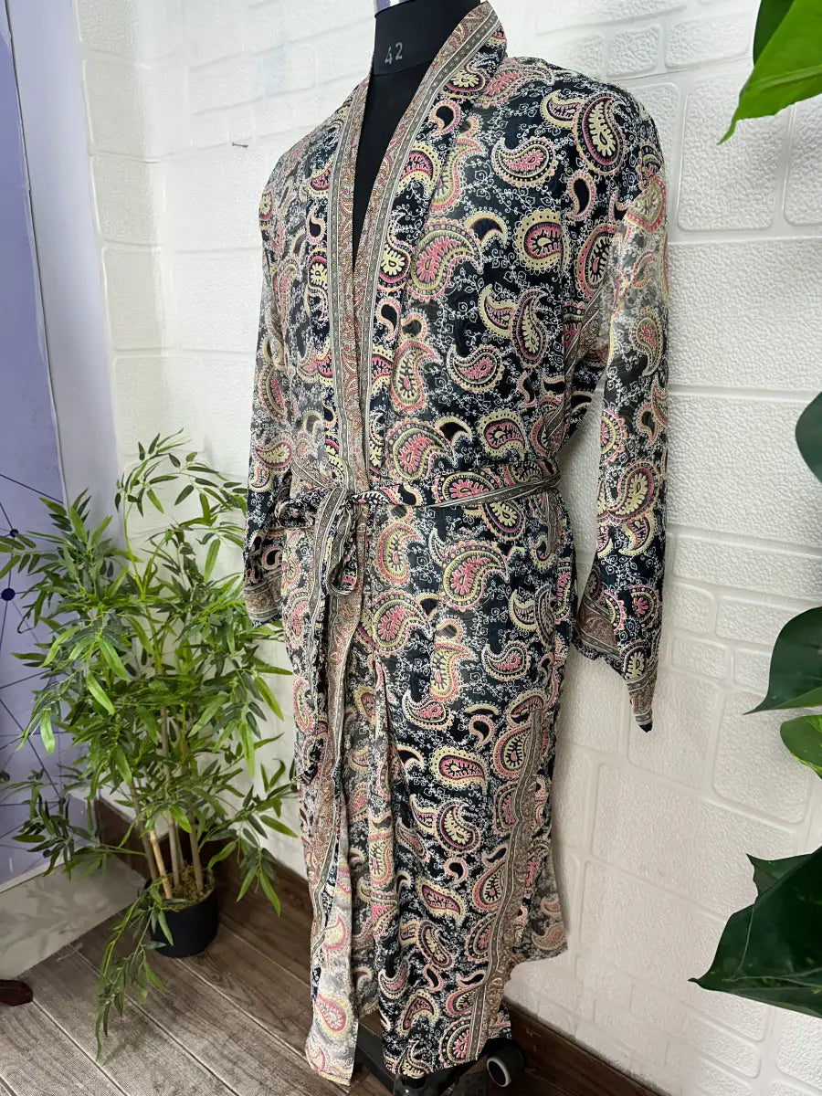 Boho Men Silk Kimono Robe, Luxury Silk Dressing Gown for Man, Long House Beach Artist Bathrobe, Birthday Present for husband, Gift for Him