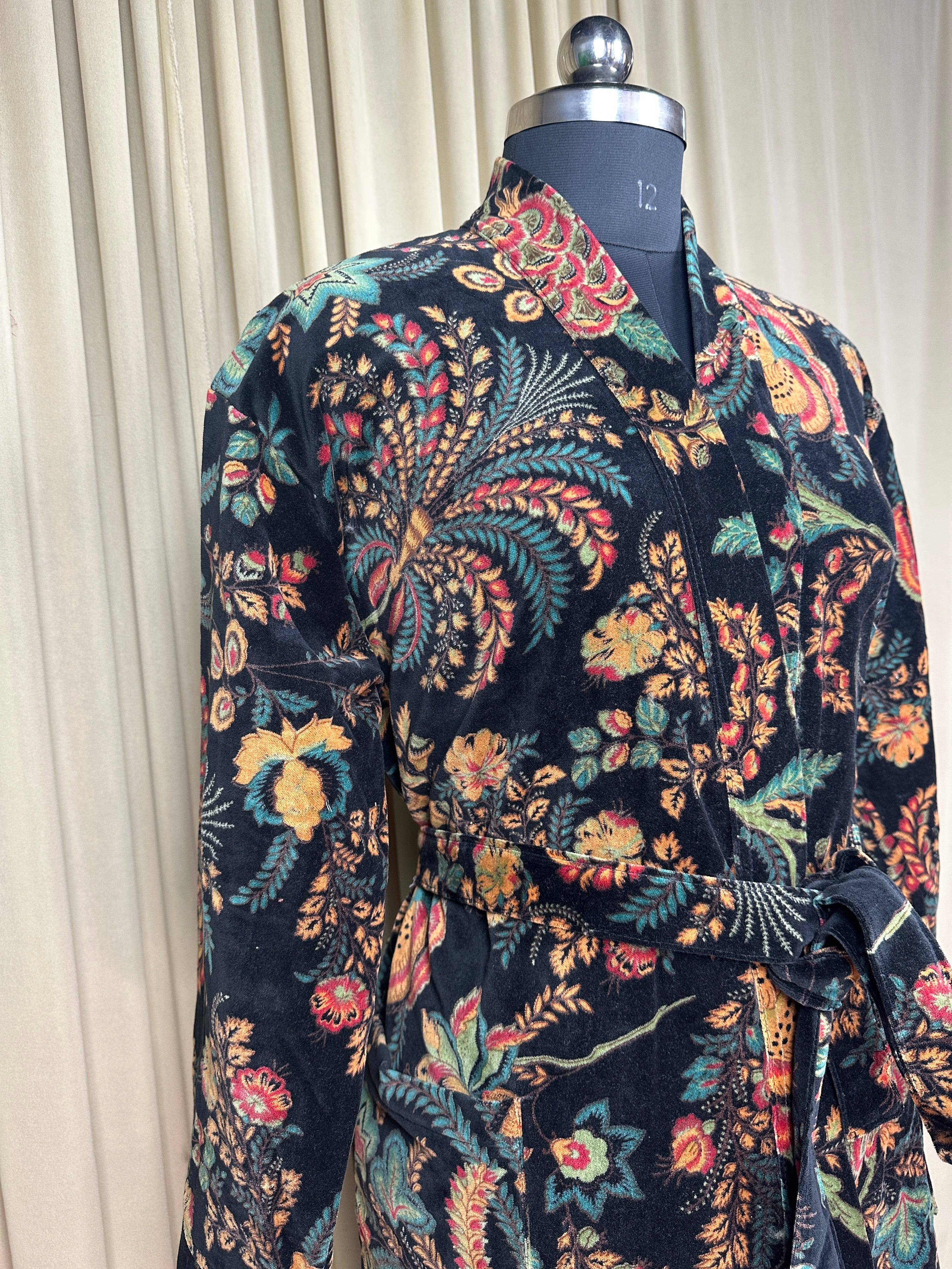 Luxury Velvet Kimono Unisex House Robe | Boho Jacket Autumn Winter Christmas Gift Elegant Reversible Silk Lined | Quirky Gown Black Floral