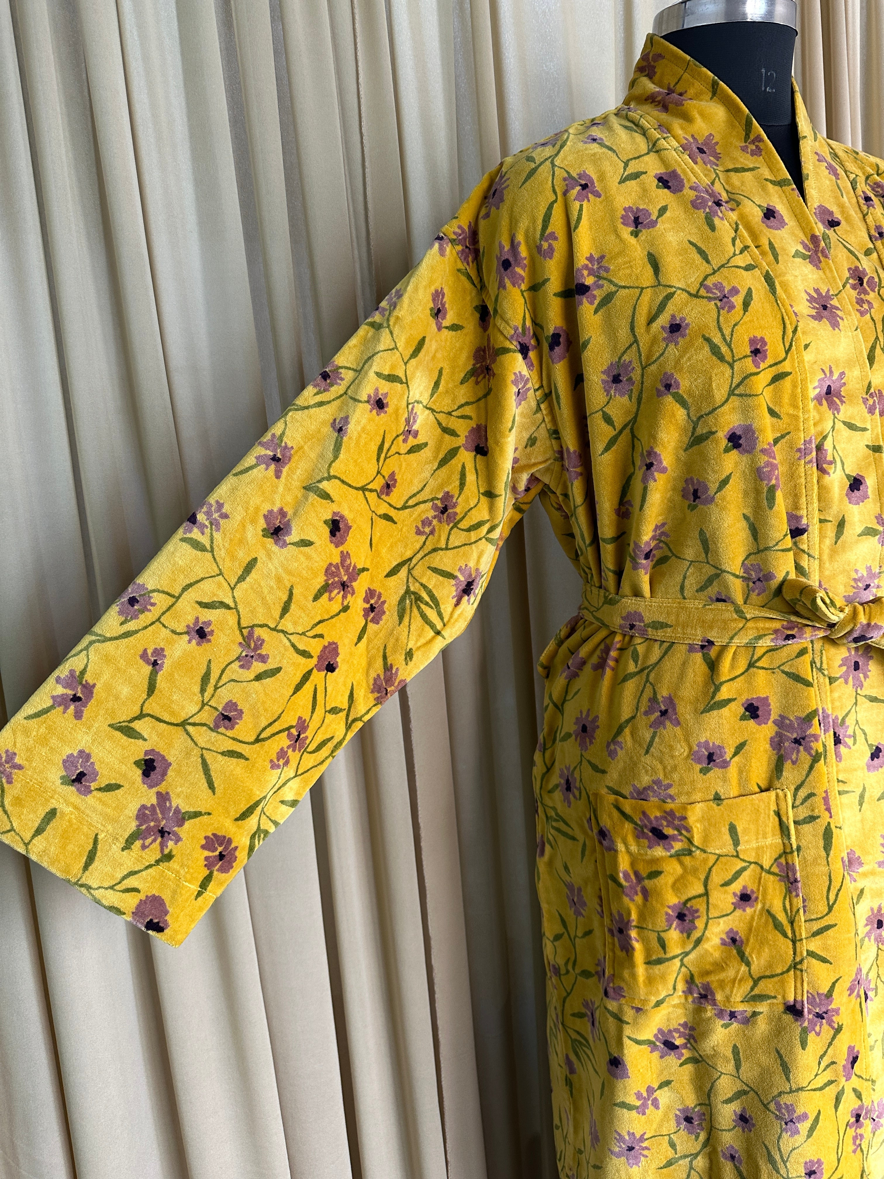 Luxury Velvet Kimono Unisex House Robe | Boho Jacket Autumn Winter Christmas Gift Elegant Reversible Cotton Lined | Quirky Gown Yellow Floral