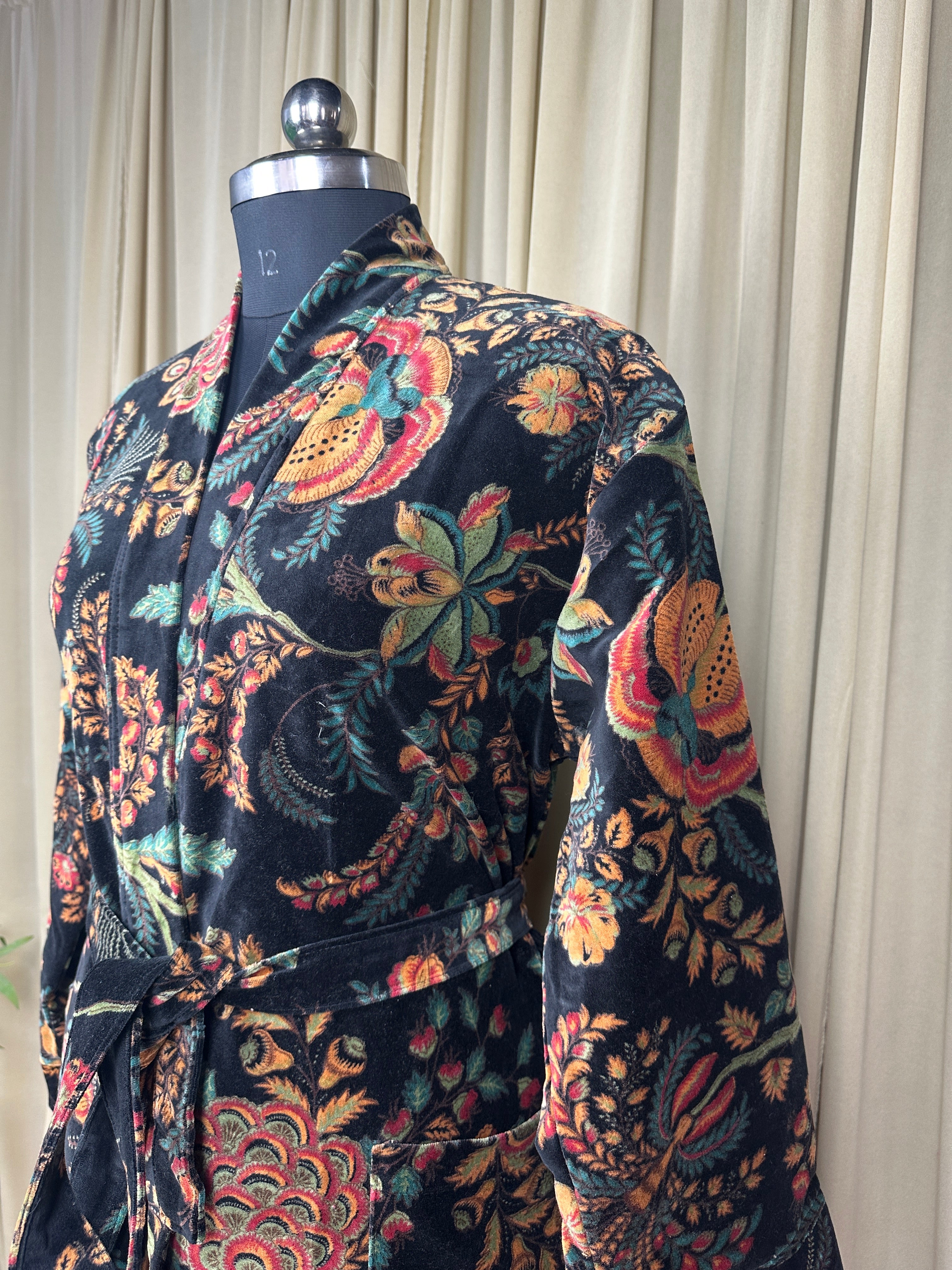 Luxury Velvet Kimono Unisex House Robe | Boho Jacket Autumn Winter Christmas Gift Elegant Reversible Silk Lined | Quirky Gown Black Floral