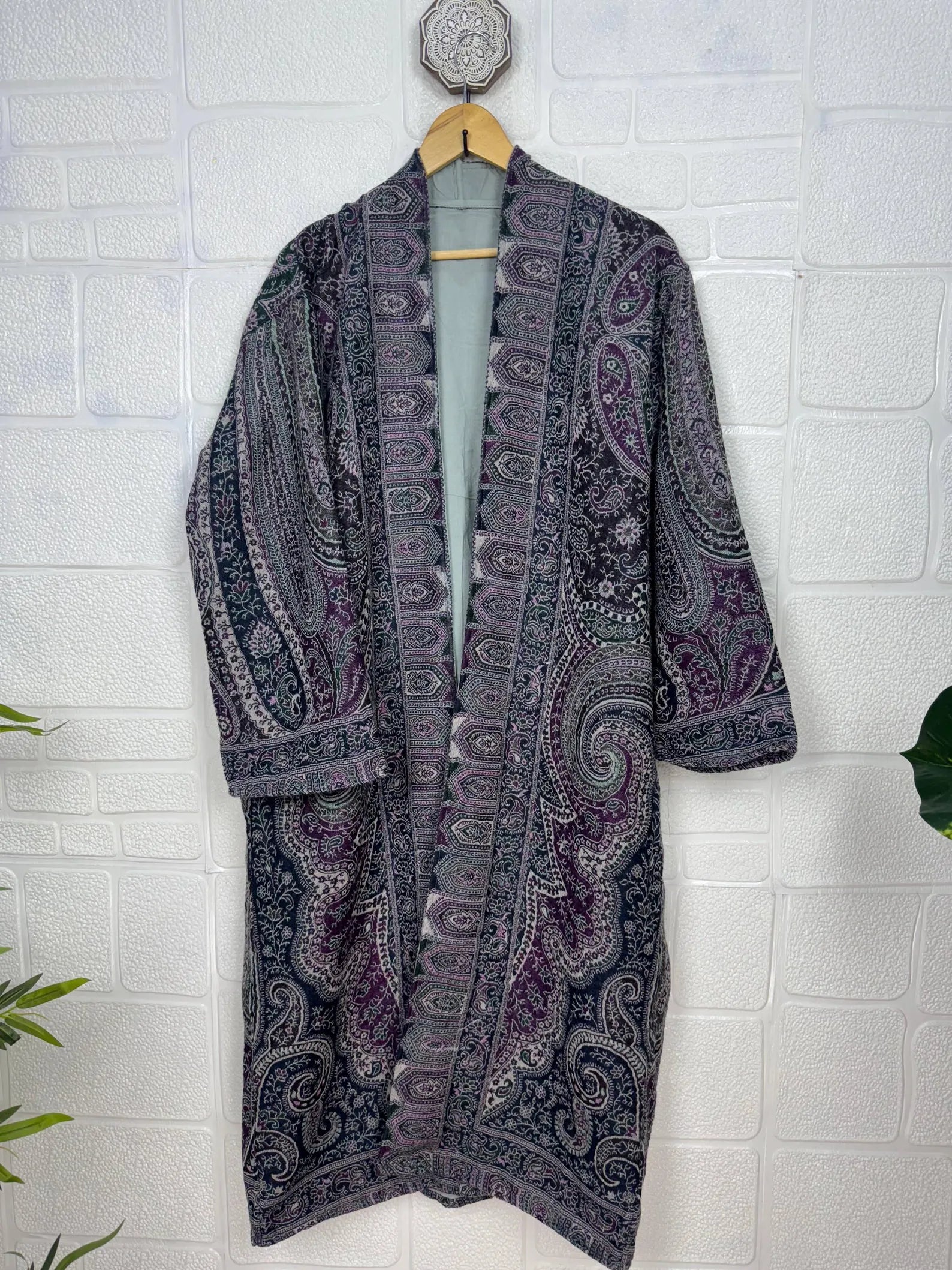 Handmade Boiled Merino Wool Kimono: Paisley Floral Robe Jacket
