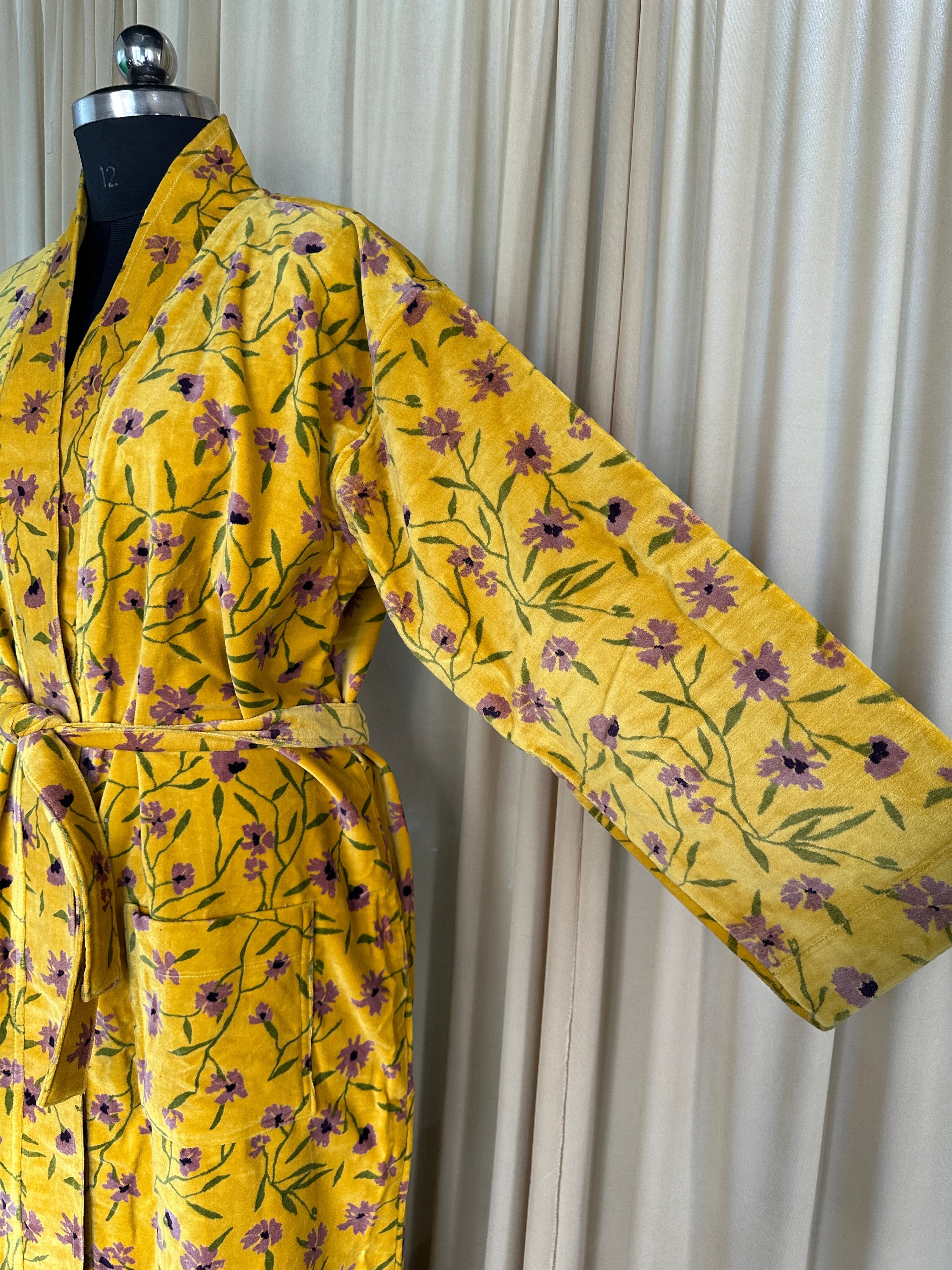 Luxury Velvet Kimono Unisex House Robe | Boho Jacket Autumn Winter Christmas Gift Elegant Reversible Cotton Lined | Quirky Gown Yellow Floral