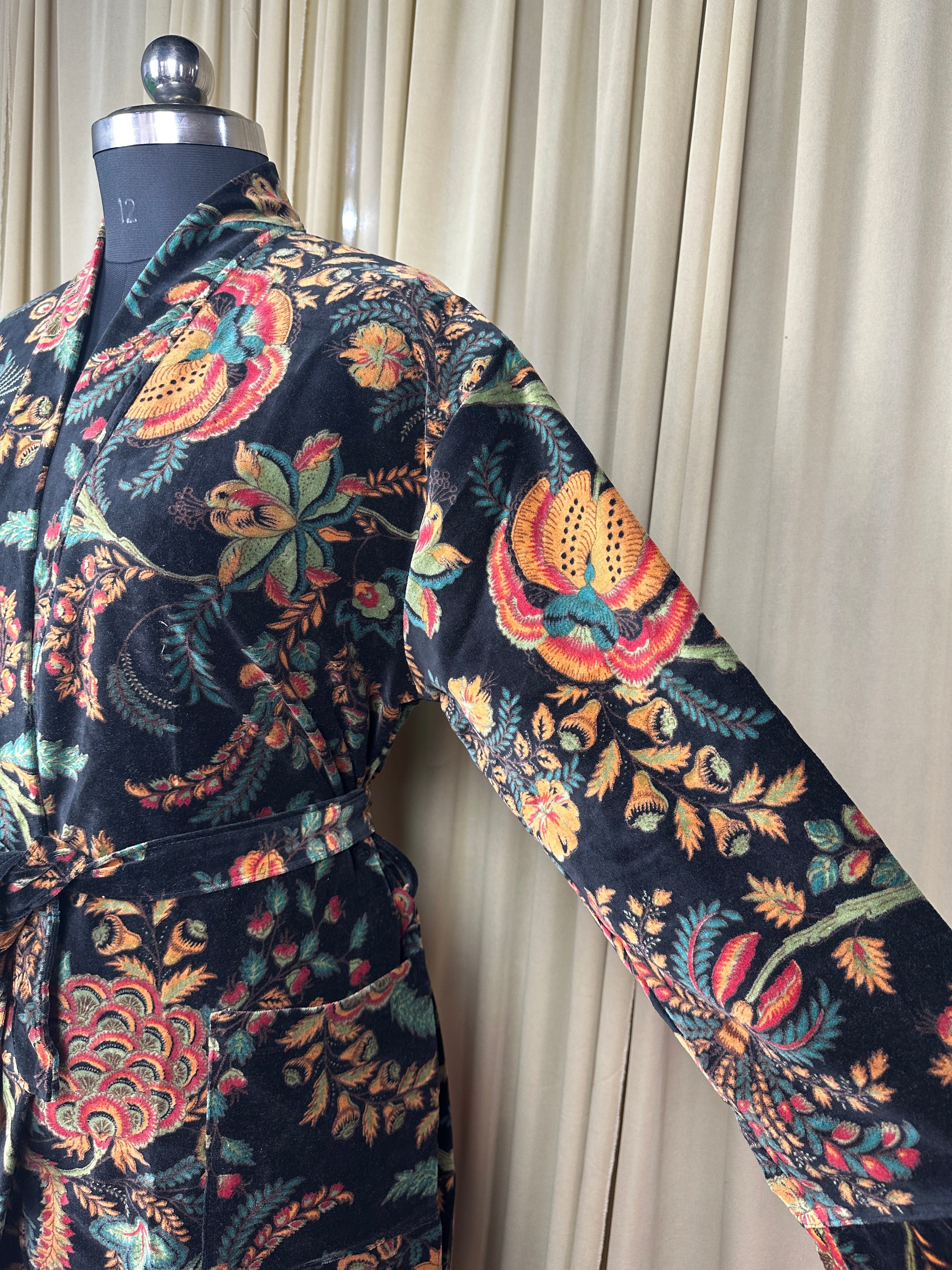 Luxury Velvet Kimono Unisex House Robe | Boho Jacket Autumn Winter Christmas Gift Elegant Reversible Silk Lined | Quirky Gown Black Floral