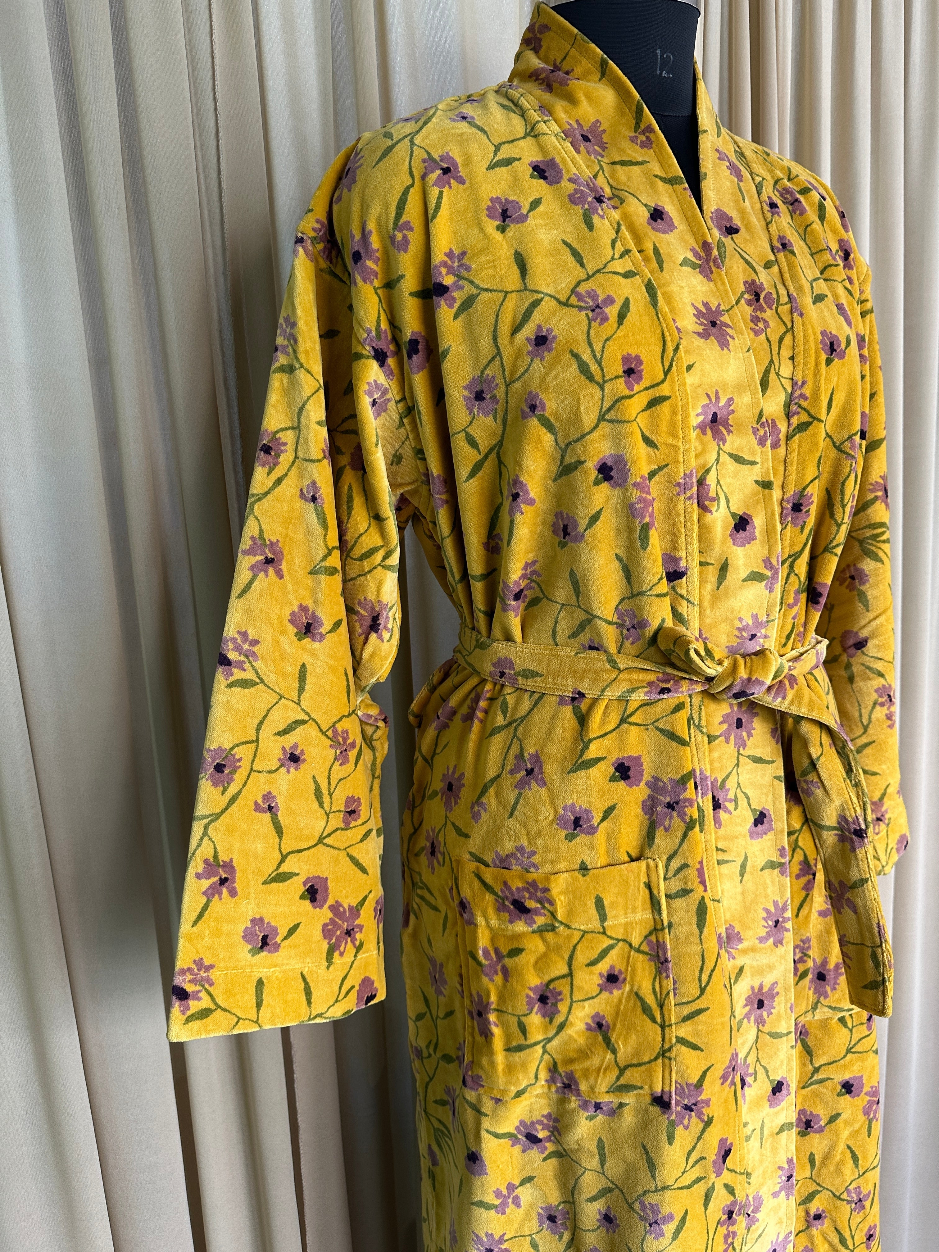 Luxury Velvet Kimono Unisex House Robe | Boho Jacket Autumn Winter Christmas Gift Elegant Reversible Cotton Lined | Quirky Gown Yellow Floral