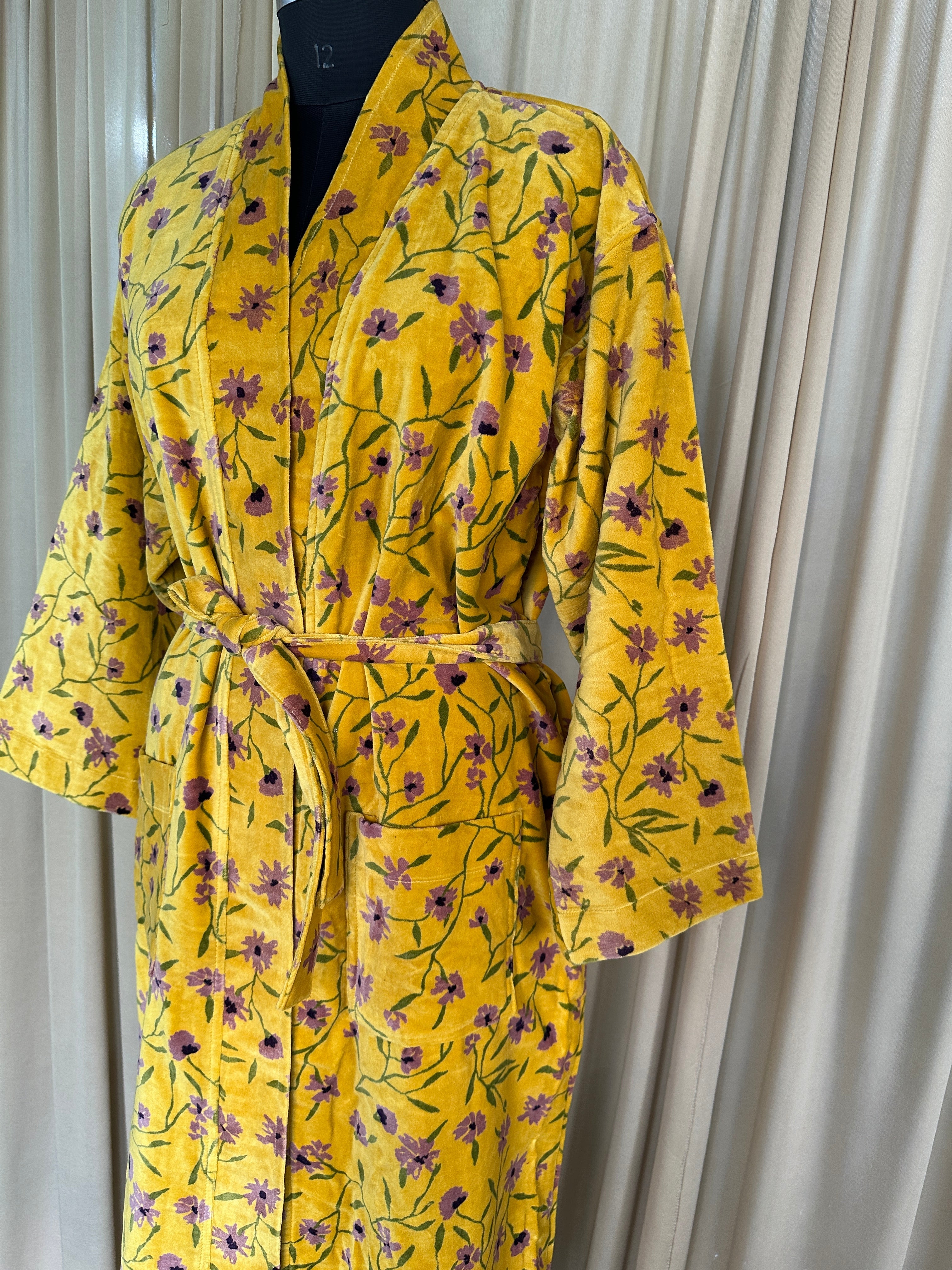 Luxury Velvet Kimono Unisex House Robe | Boho Jacket Autumn Winter Christmas Gift Elegant Reversible Cotton Lined | Quirky Gown Yellow Floral