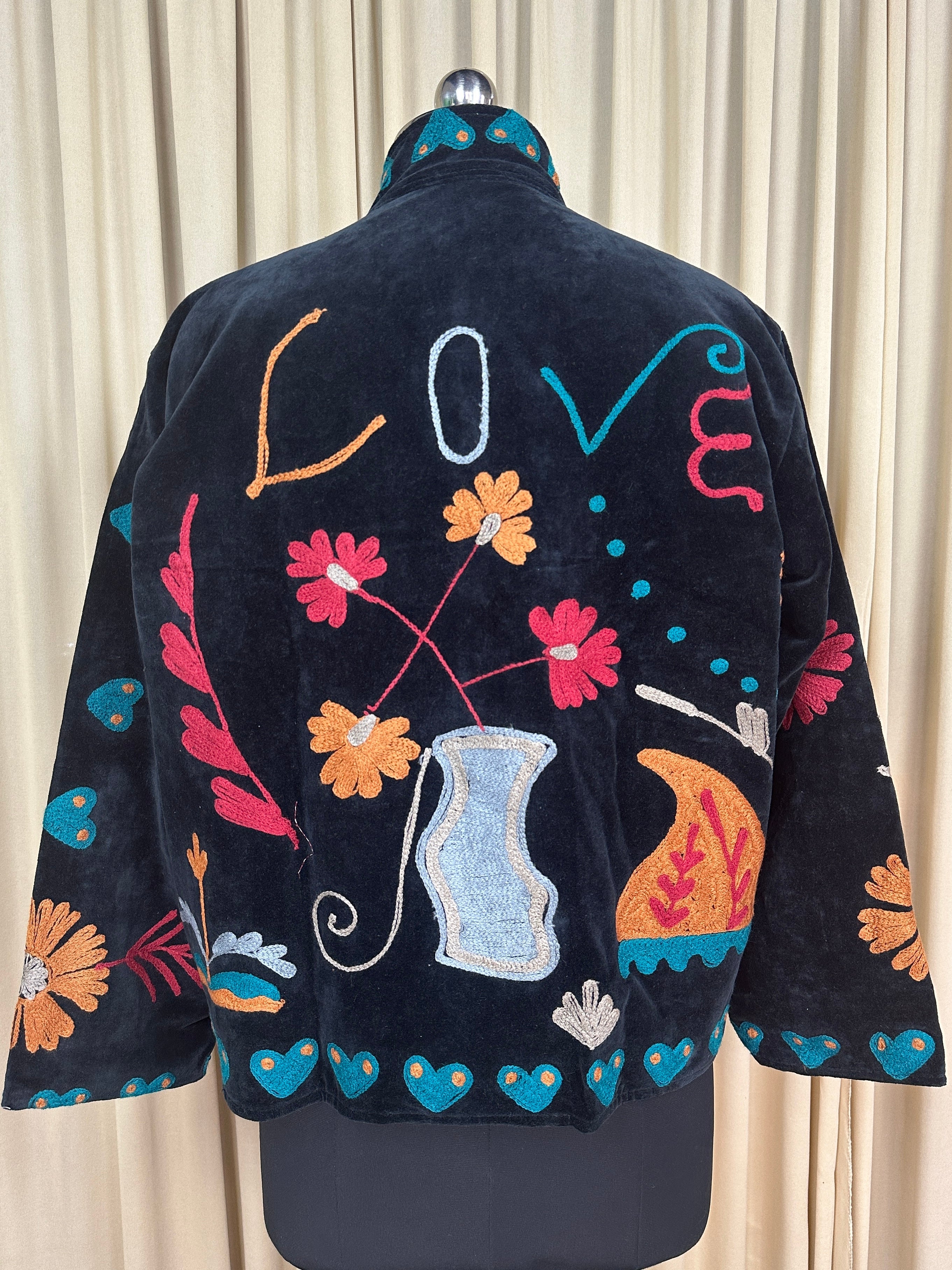 Boho Hand Embroidered Velvet Suzani Jacket, Black Floral Open Front Coat Winter Wear Free Size Robe Retro Chic Free Size Robe Blazer for Her