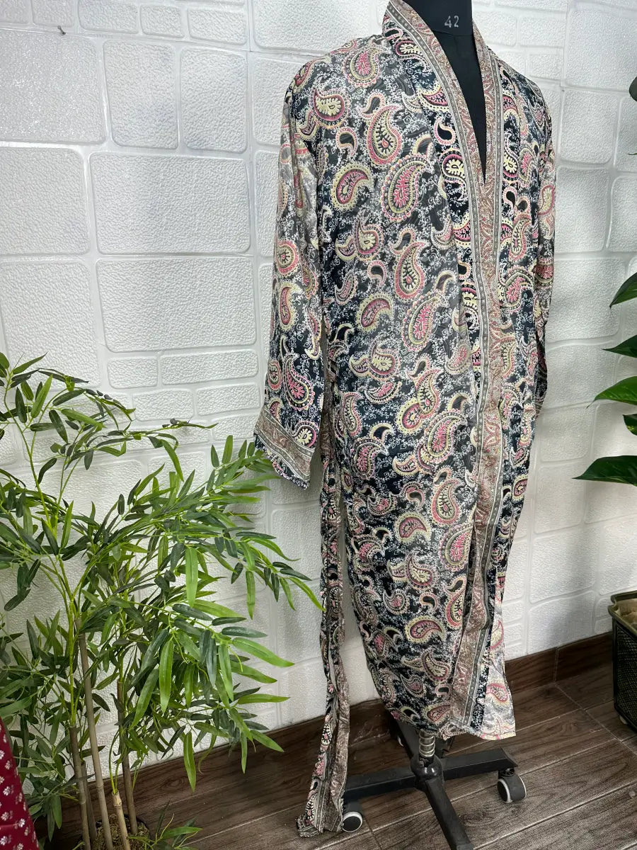 Boho Men Silk Kimono Robe, Luxury Silk Dressing Gown for Man, Long House Beach Artist Bathrobe, Birthday Present for husband, Gift for Him