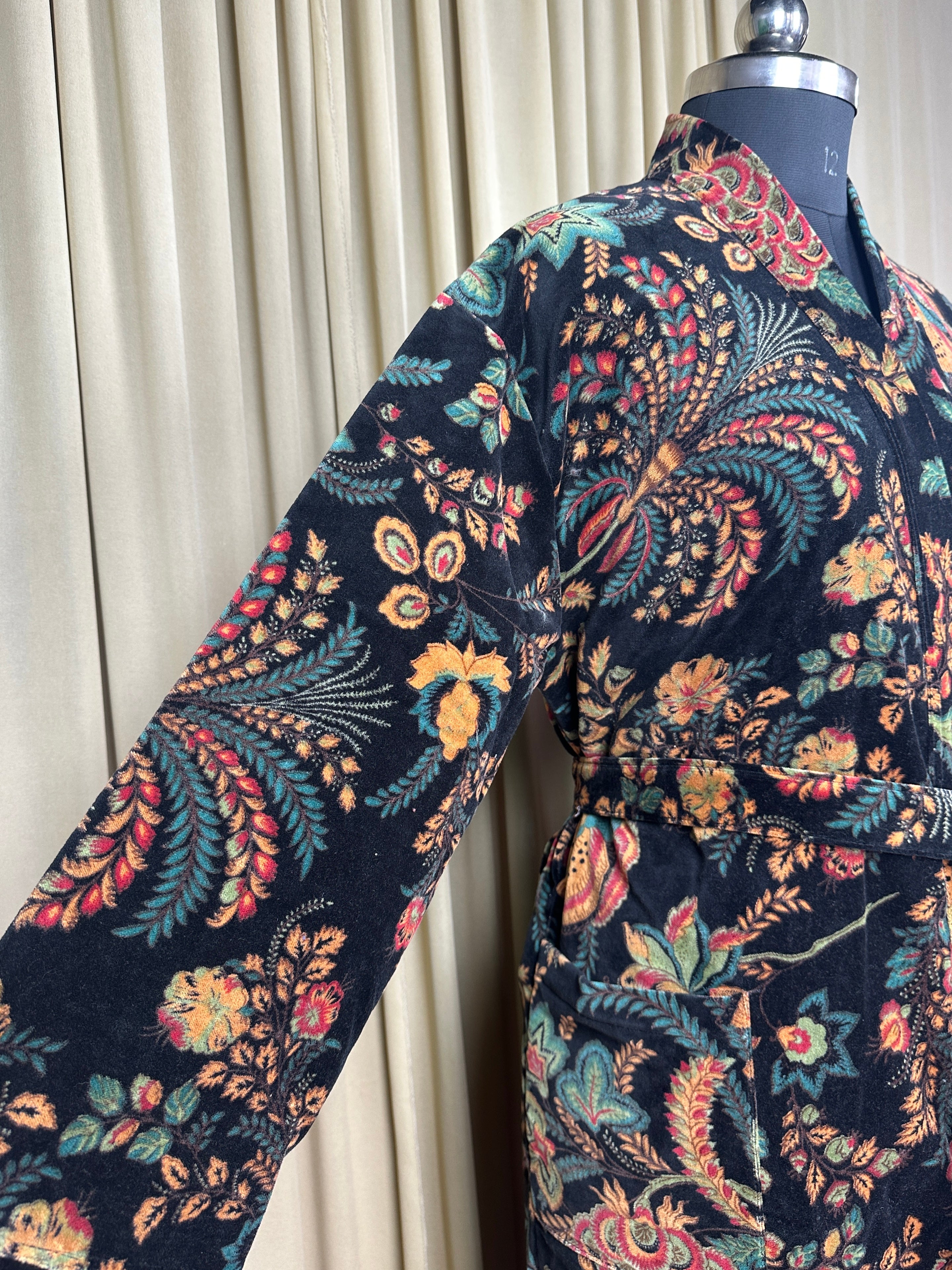 Luxury Velvet Kimono Unisex House Robe | Boho Jacket Autumn Winter Christmas Gift Elegant Reversible Silk Lined | Quirky Gown Black Floral