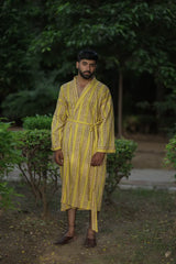 Men's Long Cotton Kimono Robe, Striped Boho Loungewear with Pockets, One Size Breathable Lightweight Beach Resort Spa Outfit Festival Kimono