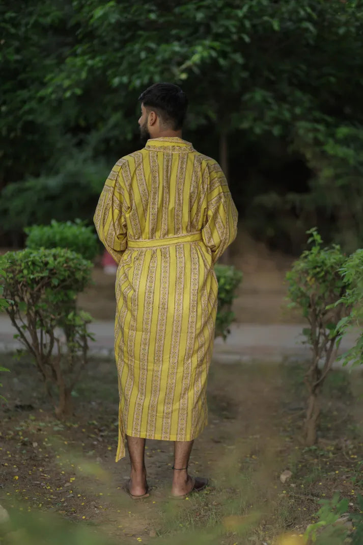 Men's Long Cotton Kimono Robe, Striped Boho Loungewear with Pockets, One Size Breathable Lightweight Beach Resort Spa Outfit Festival Kimono