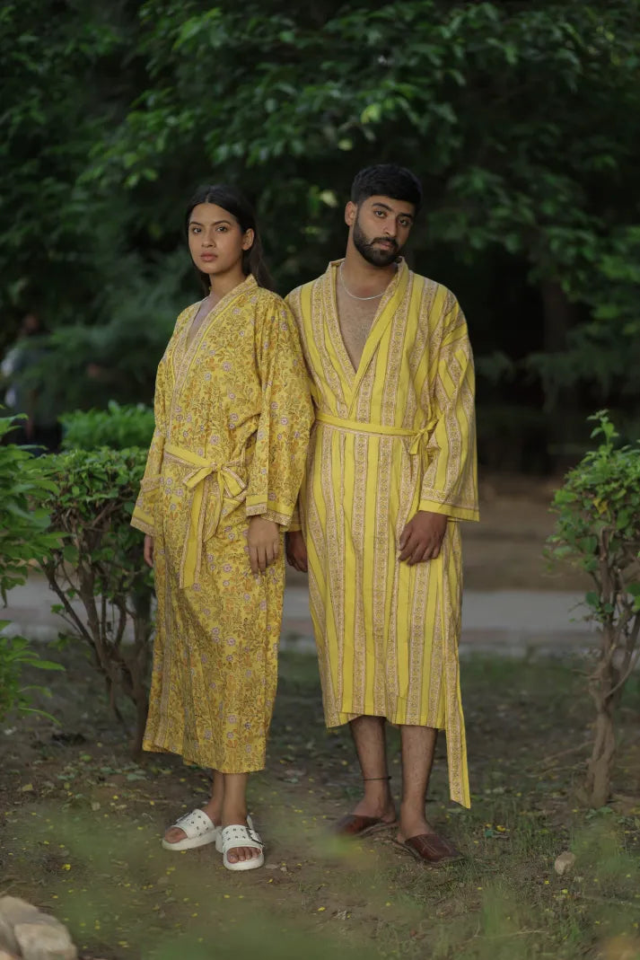 Men's Long Cotton Kimono Robe, Striped Boho Loungewear with Pockets, One Size Breathable Lightweight Beach Resort Spa Outfit Festival Kimono