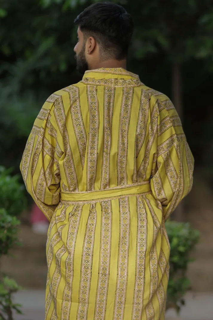 Men's Long Cotton Kimono Robe, Striped Boho Loungewear with Pockets, One Size Breathable Lightweight Beach Resort Spa Outfit Festival Kimono