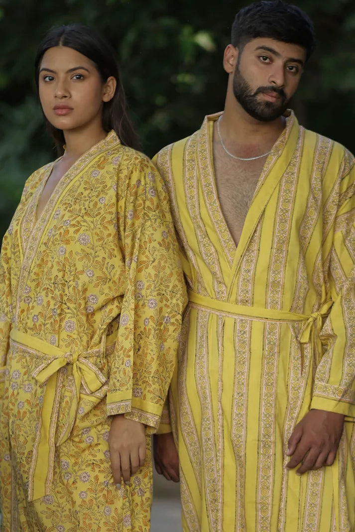 Men's Long Cotton Kimono Robe, Striped Boho Loungewear with Pockets, One Size Breathable Lightweight Beach Resort Spa Outfit Festival Kimono