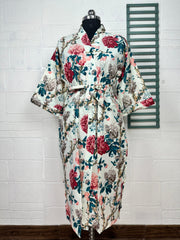 Handprinted Cotton Kimono Robe: Floral Boho Beach Cover-Up