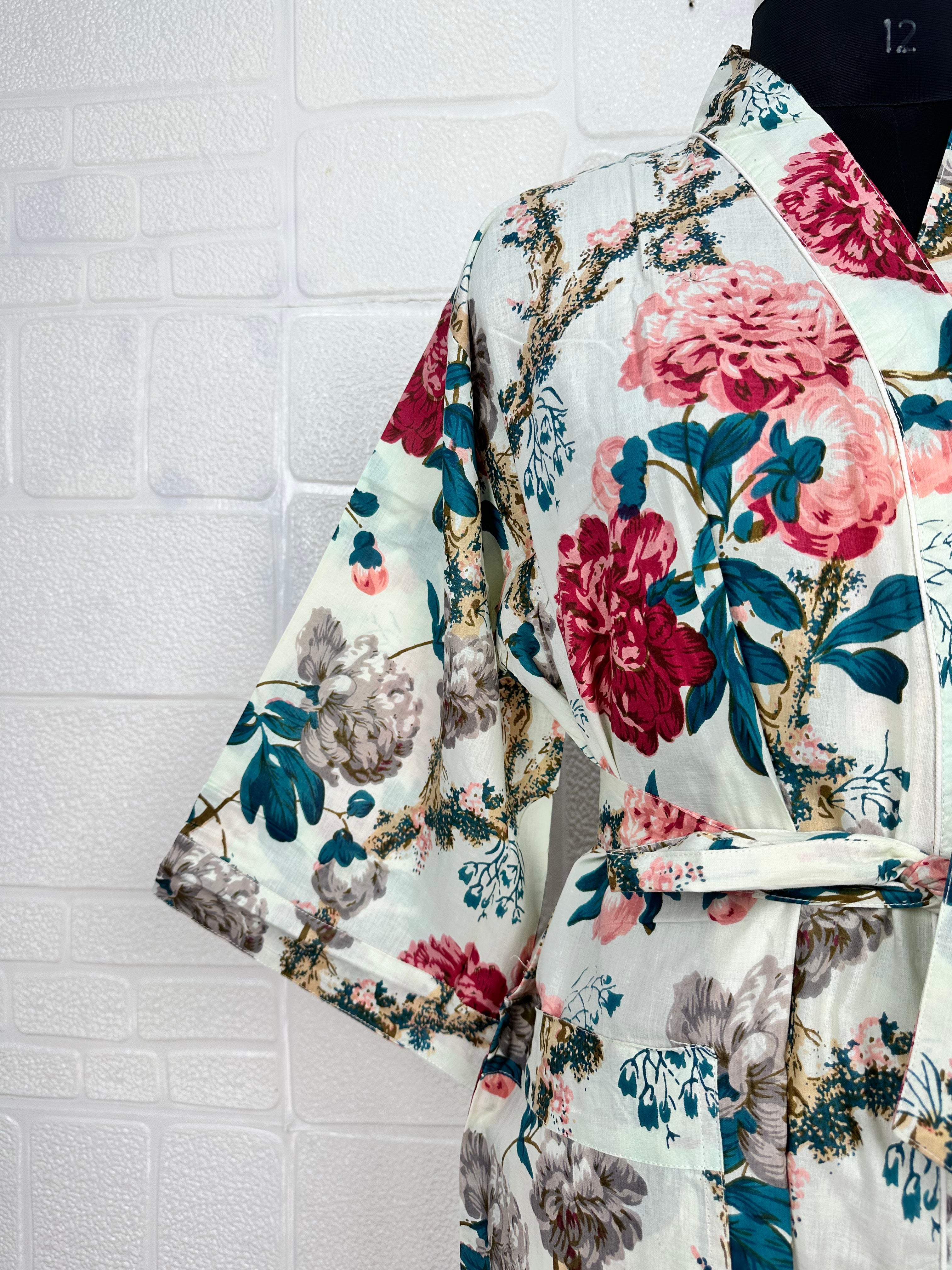 Handprinted Cotton Kimono Robe: Floral Boho Beach Cover-Up