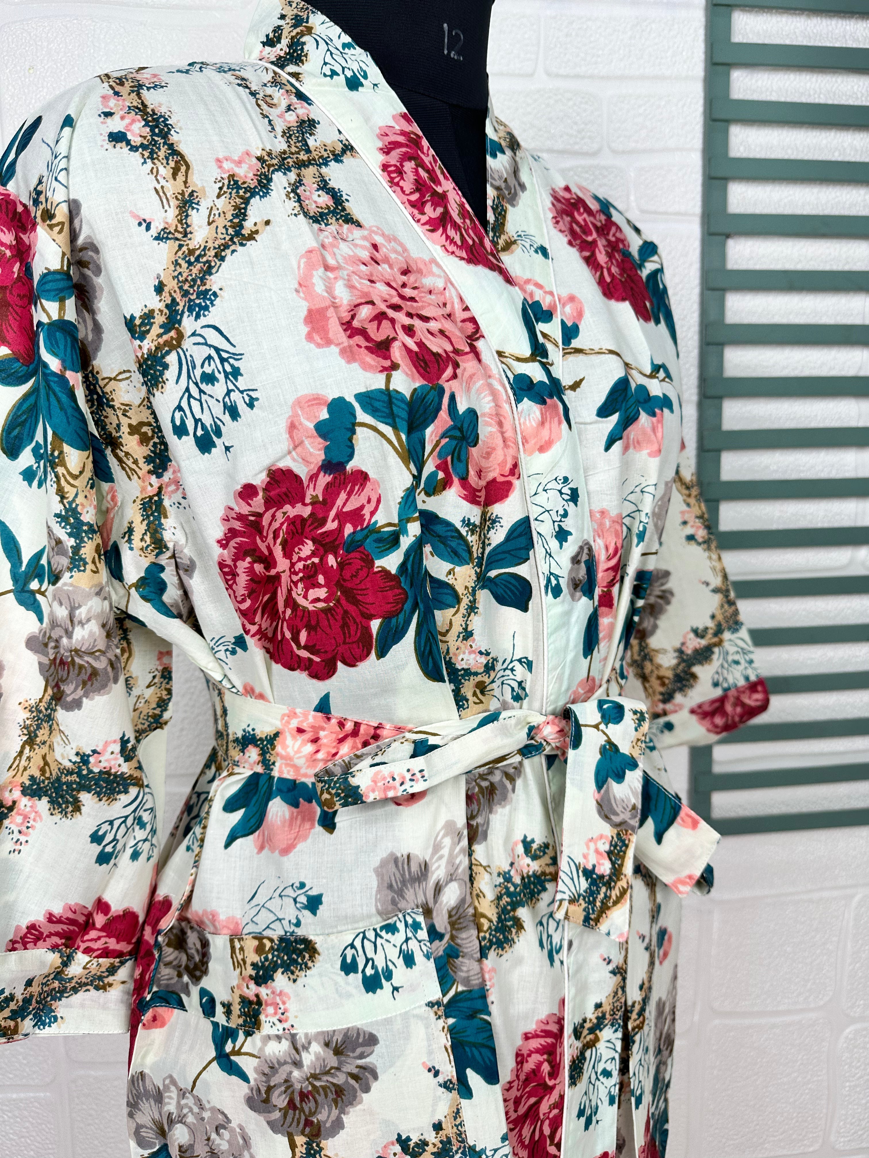 Handprinted Cotton Kimono Robe: Floral Boho Beach Cover-Up